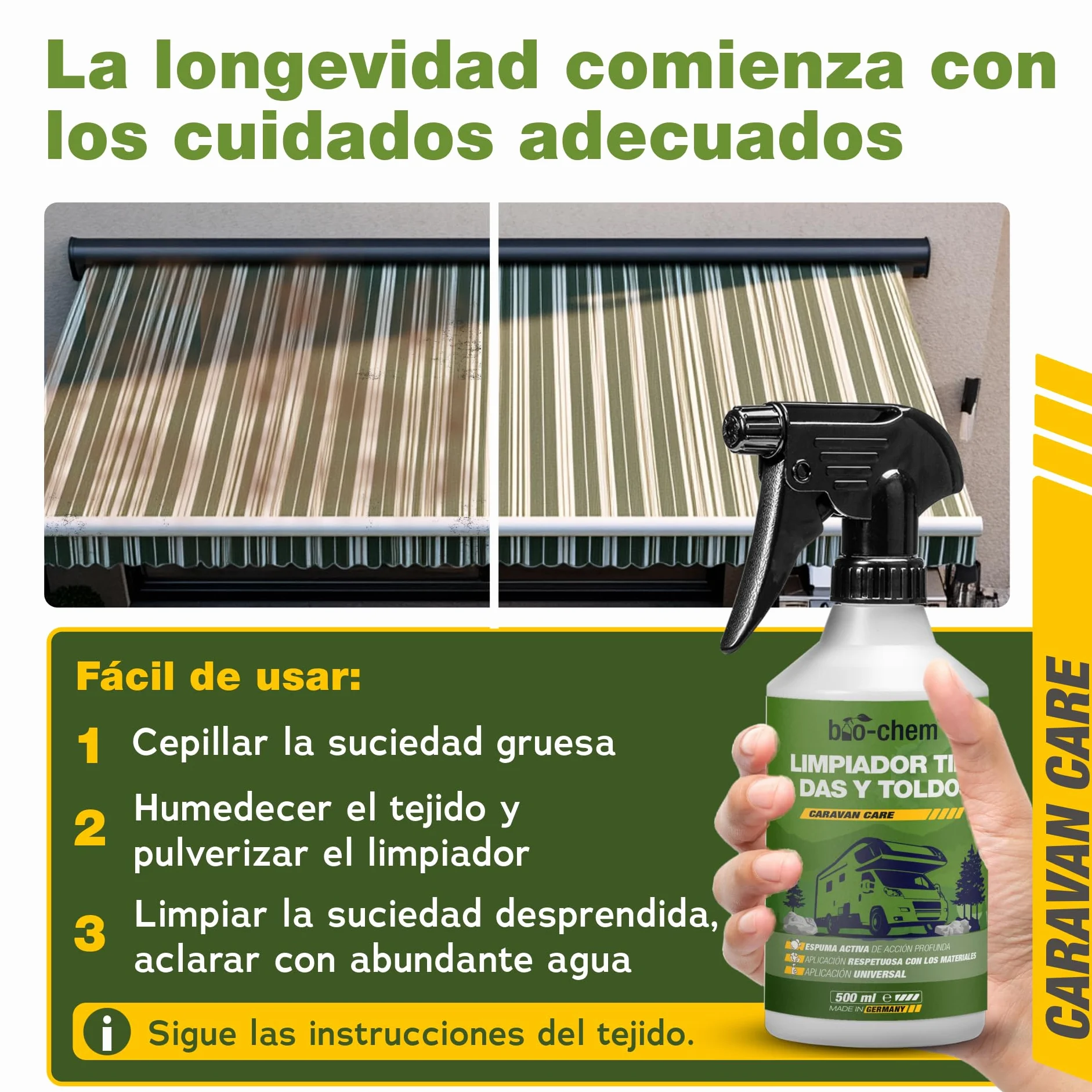 Bio-Chem - Limpiador para toldos, capotas y techos de Tiendas - Producto para el Lavado de toldos, caravanas, techos de Coches - Producto Textil Respetuoso con el Medio Ambiente