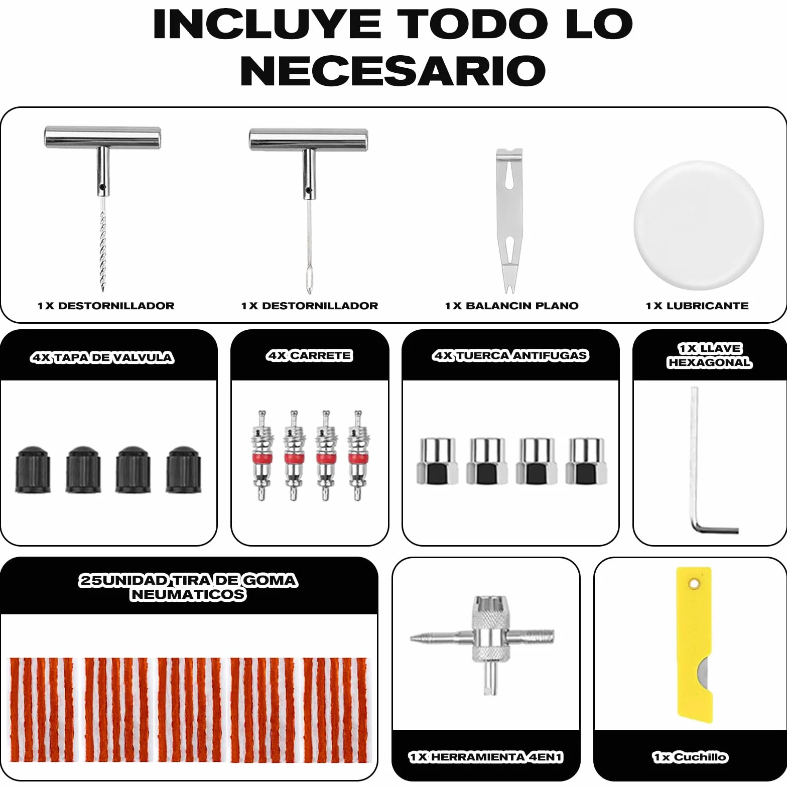 kit profesional de reparación de pinchazos 45 pcs para coche, moto y todoterreno, neumático antipinchazos, mechas y clavos, para emergencias en carretera y montaña
