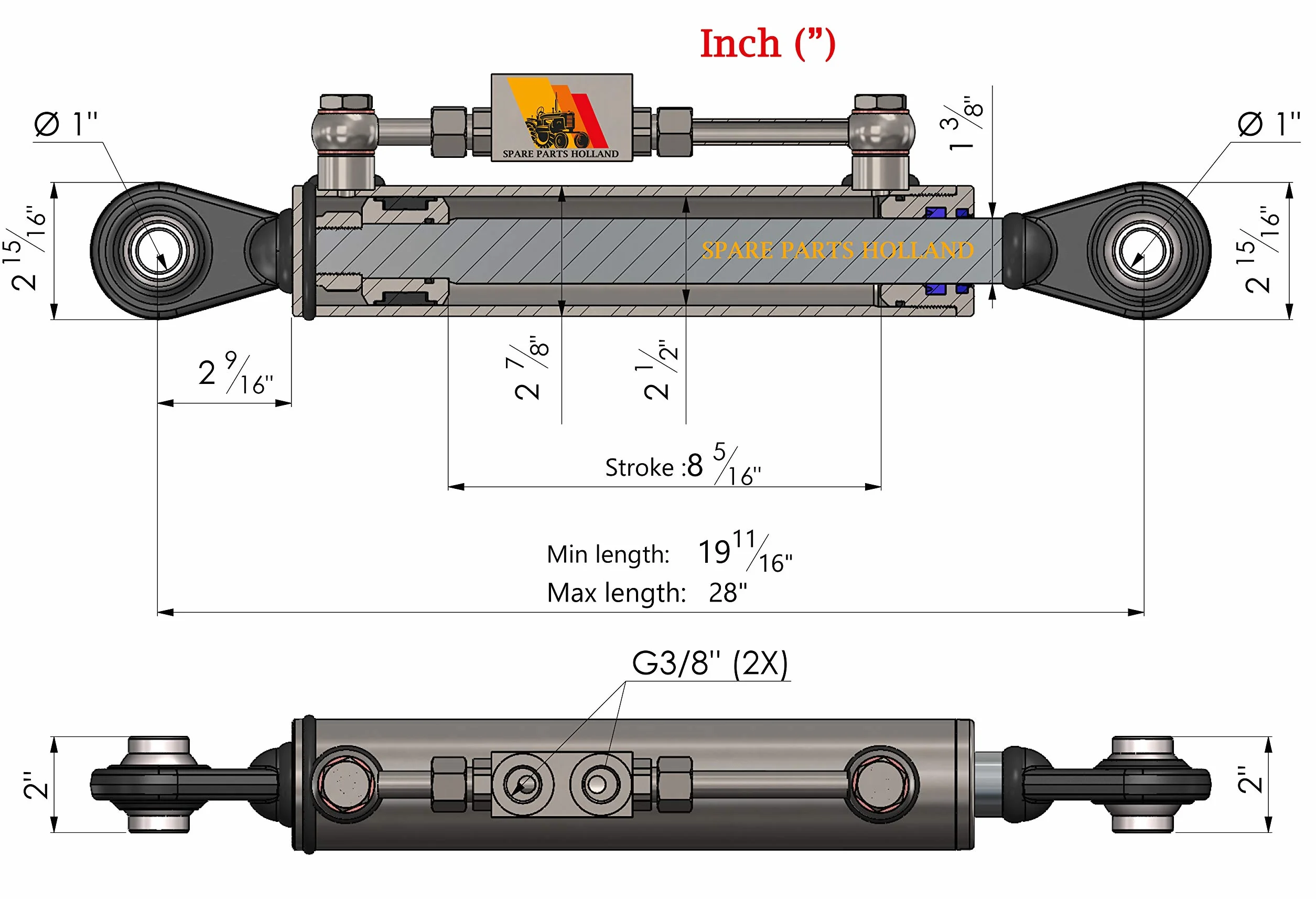 Tercer Punto Hidráulico Cat 2 (500-710 mm) con Bloque de Bloqueo y 2 Mangueras