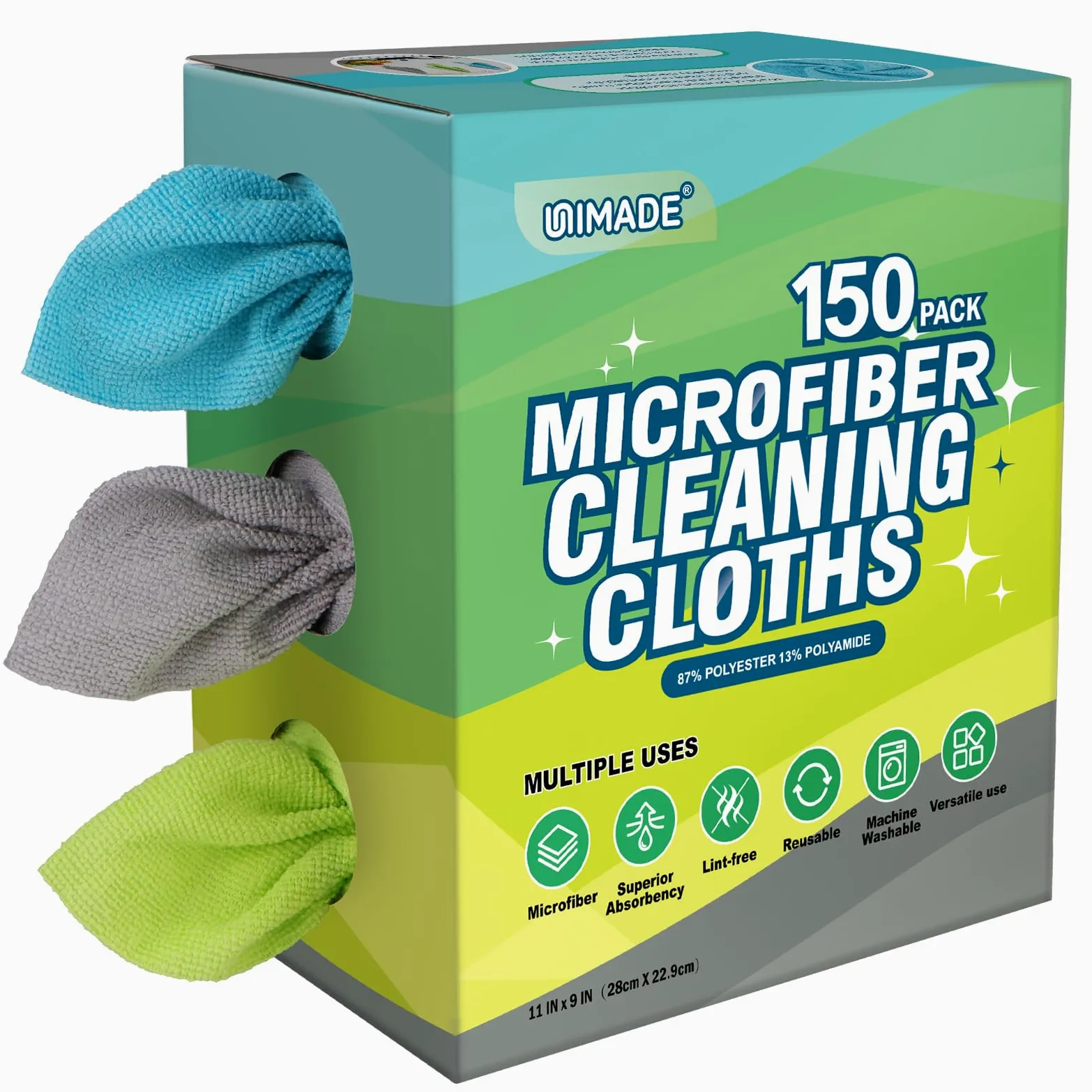 UNIMADE Paño de limpieza de microfibra, paquete de 150 toallas de microfibra reutilizables para autos, sin pelusas, trapos de toalla con caja dispensadora para el hogar, cocina, automóvil, restaurante