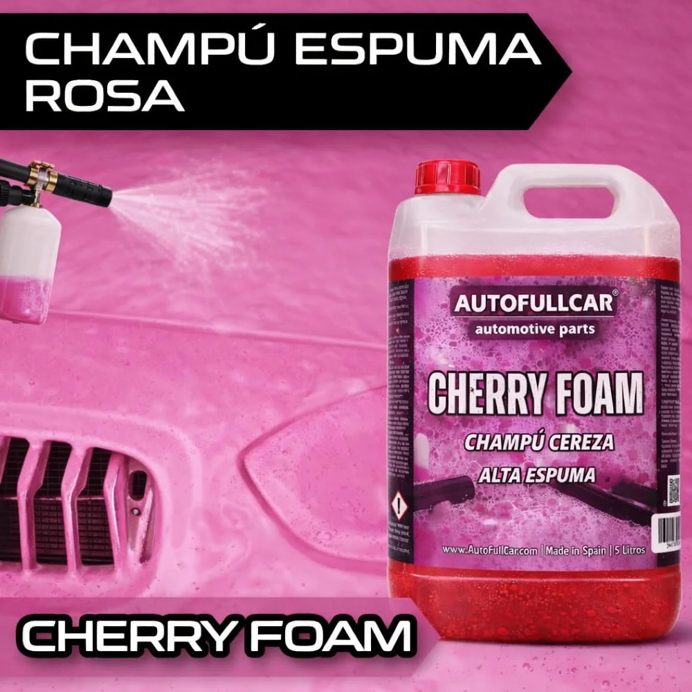 AutoFullCar Cherry Foam 5 Litros, Champu Espuma Activa Coche Rosa, Limpiador Alcalino Alta Concentracion, Lavado Carroceria, Uso con Lanza Foamer o Cubo, Encapsula Suciedad