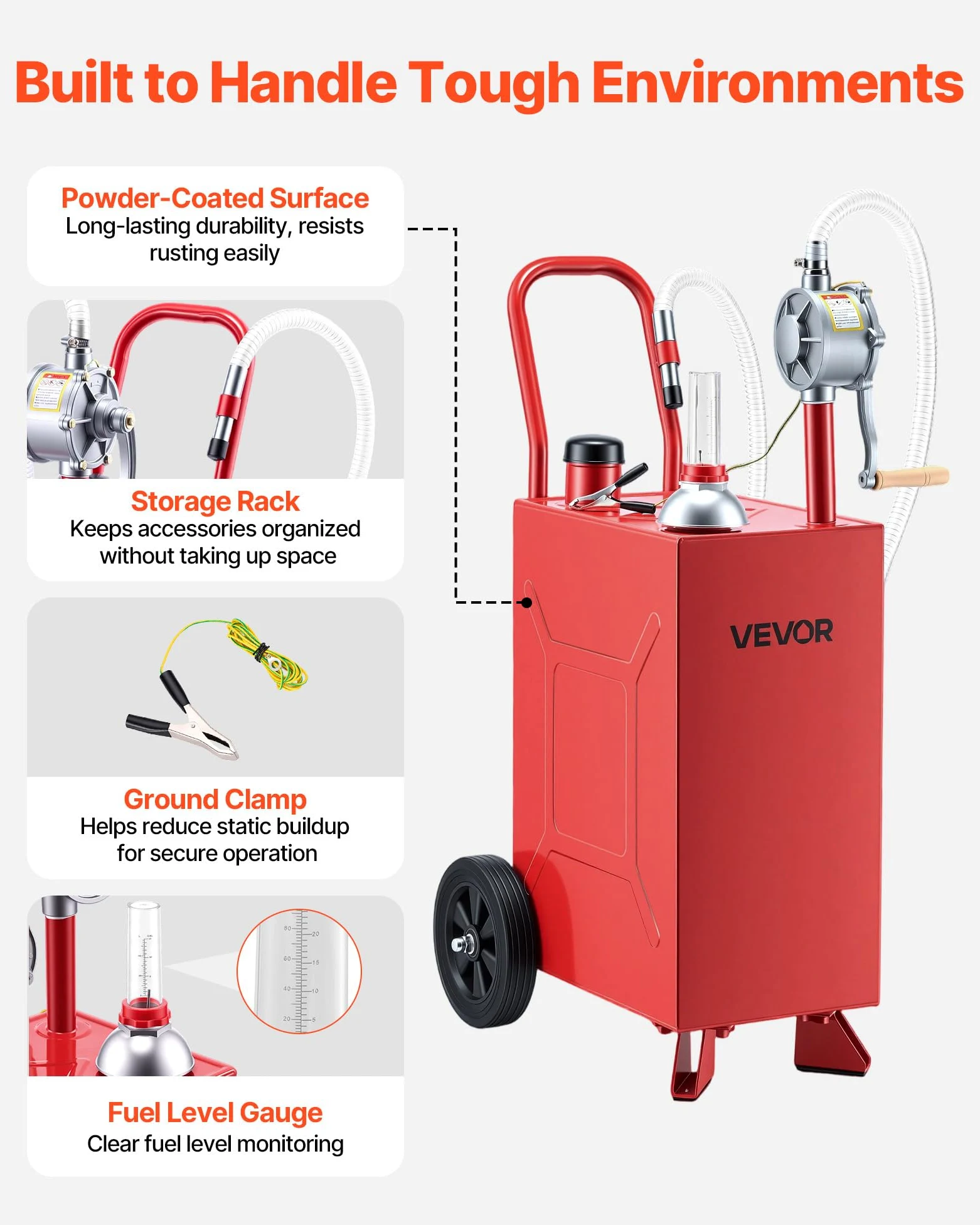 VEVOR Carro de Combustible de 56,8 L con Depósito de Diésel y Gasolina | Tanque de Combustible con 2 Ruedas, Bomba Manual de Trasvase Bidireccional, Acero al Carbono, para Granja, Garaje y Exterior