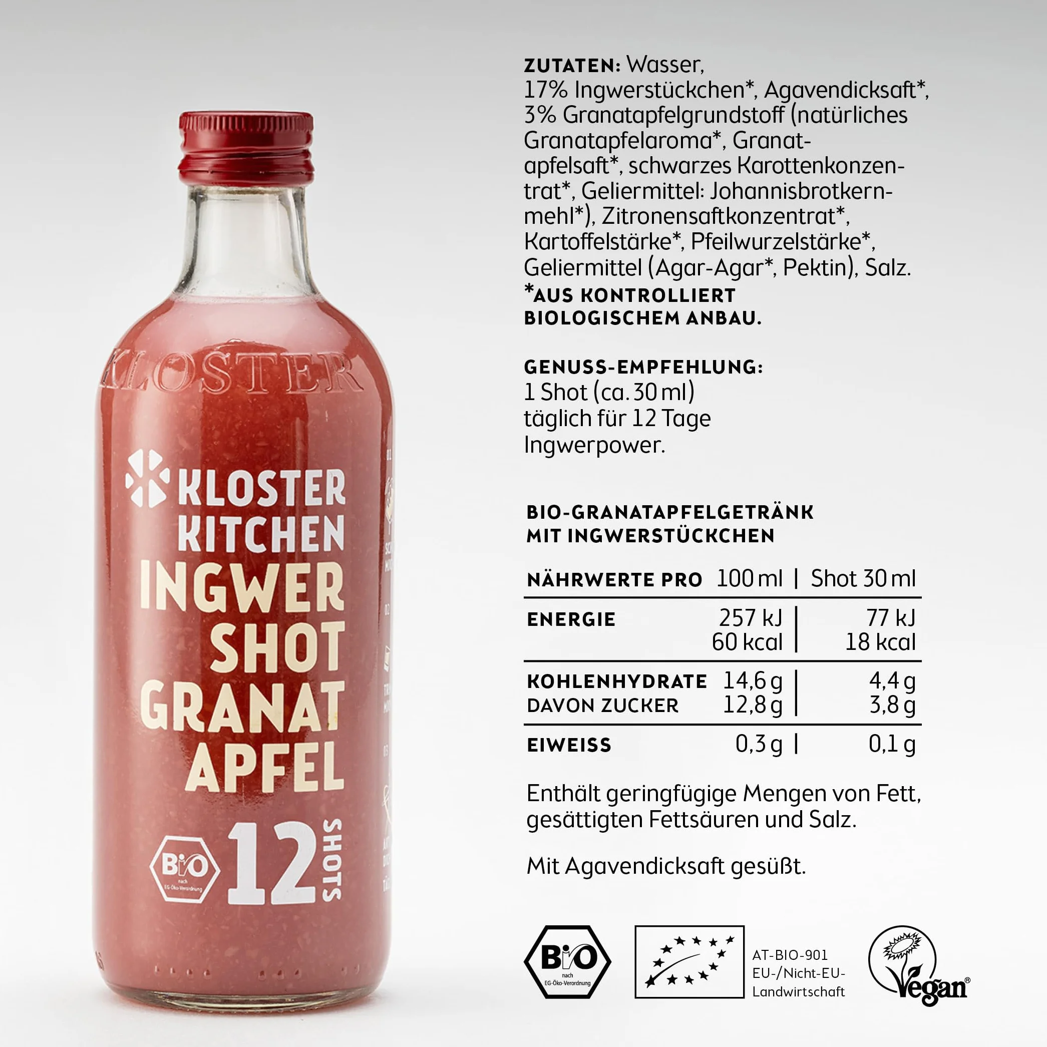 Kloster Kitchen Jengibre Shot 12SHOTS 6 x 360 ml, con trozos de jengibre, vegano