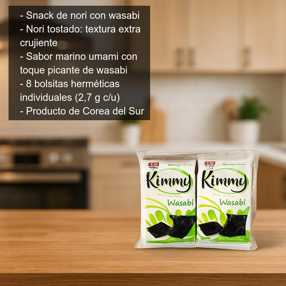 Nori Alga Snack Wasabi Tostada Extra Crujiente 8 Bolsitas 2,7 g Aperitivo Asiático Picante