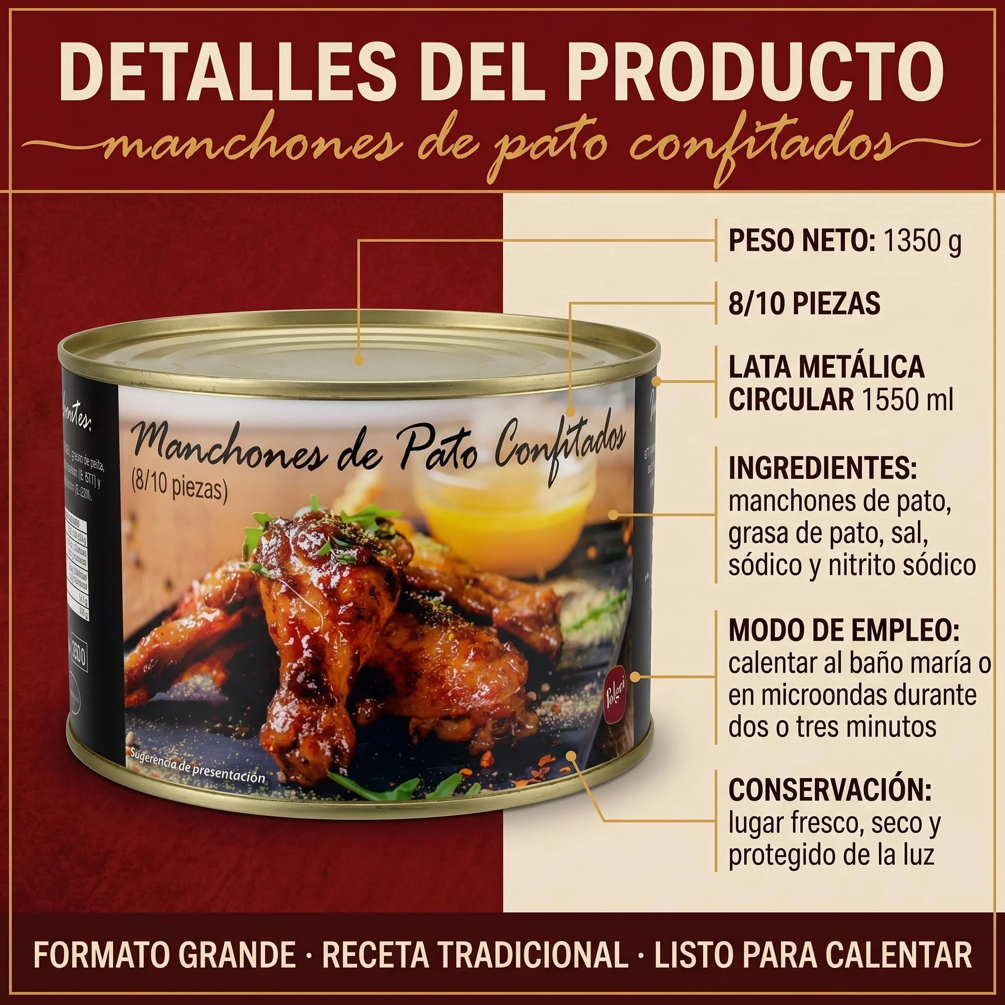 POLGRI Confit de Pato Manchones Lata 1350 g 8/10 Unidades Conserva Gourmet