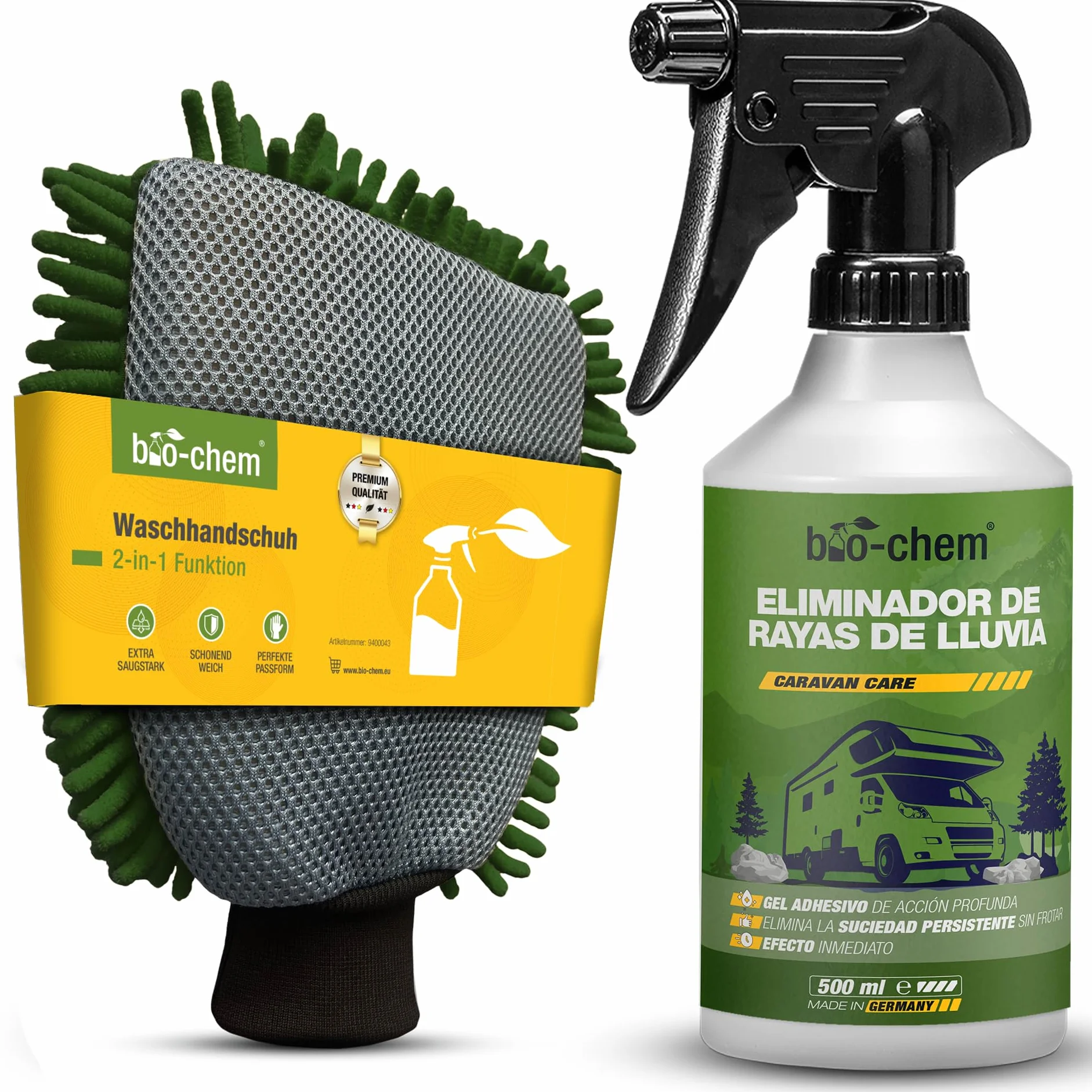 Bio-Chem - Quitamanchas de Lluvia 500ml + manopla microfibras para Parabrisas y Lunas de autocaravanas, caravanas y Coches - Producto Ideal para Lunas Durante Sus Vacaciones en Autocaravana