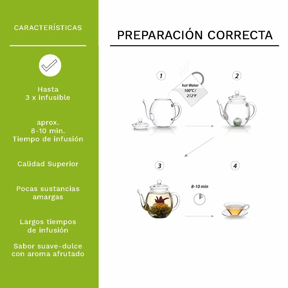 Creano Flores de Té Verde 6 uds Caja de Madera Corazón 6 Variedades Té Verde Aromatizado Regalo
