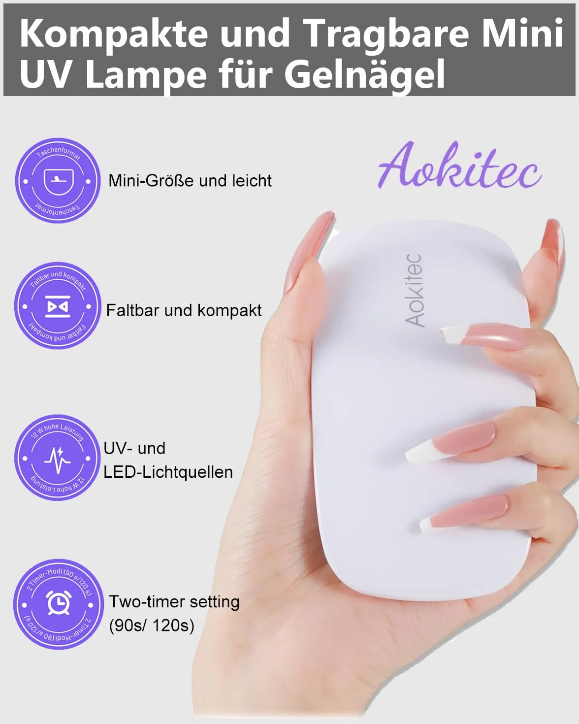Aokitec lámpara LED uñas de gel portátil USB secador 2 temporizadores