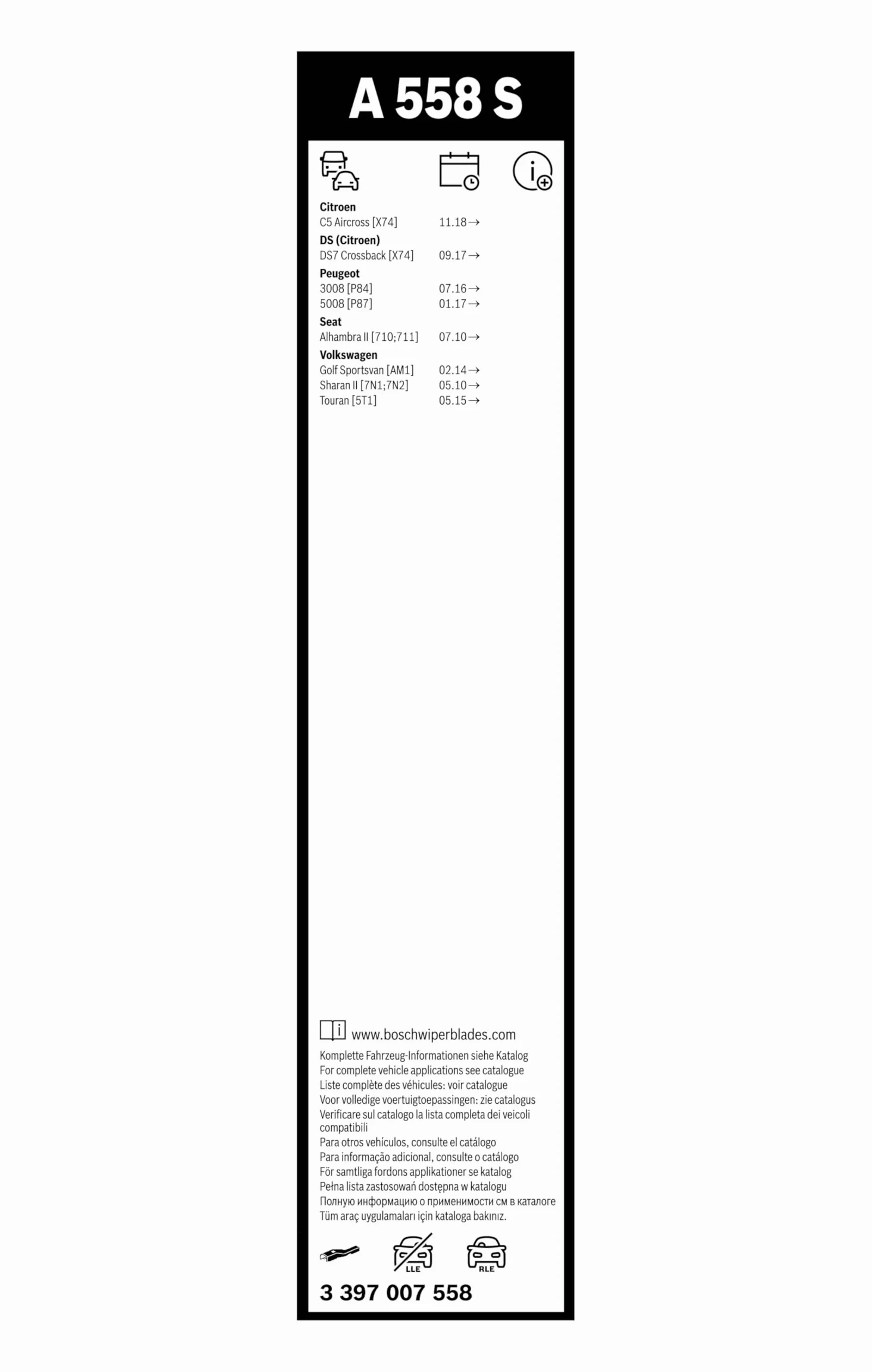 Escobilla limpiaparabrisas Bosch Aerotwin A558S, Longitud: 700mm/400mm − 1 juego para el parabrisas (frontal) - Válidas únicamente para vehículos con volante a la derecha (UK)