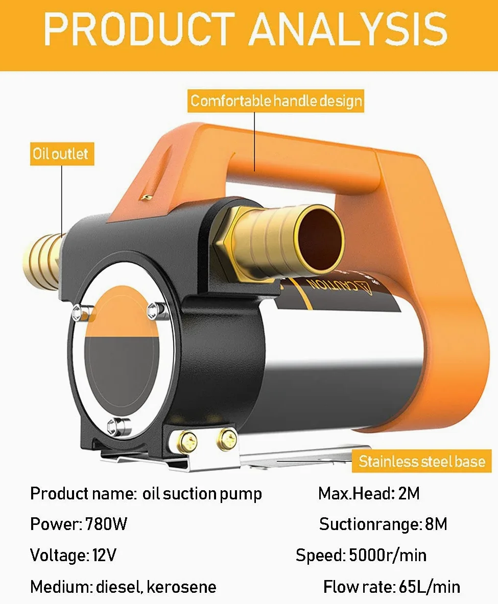 Bomba Gasoil Diesel 12V, Bomba de Trasvase de Gasoil, Bomba Aceite Extraccion Electrica, Kit Aspiracion Deposito de Gasoil, 65L/min, para Diésel, Gasóleo, Queroseno (Color : with Hose)