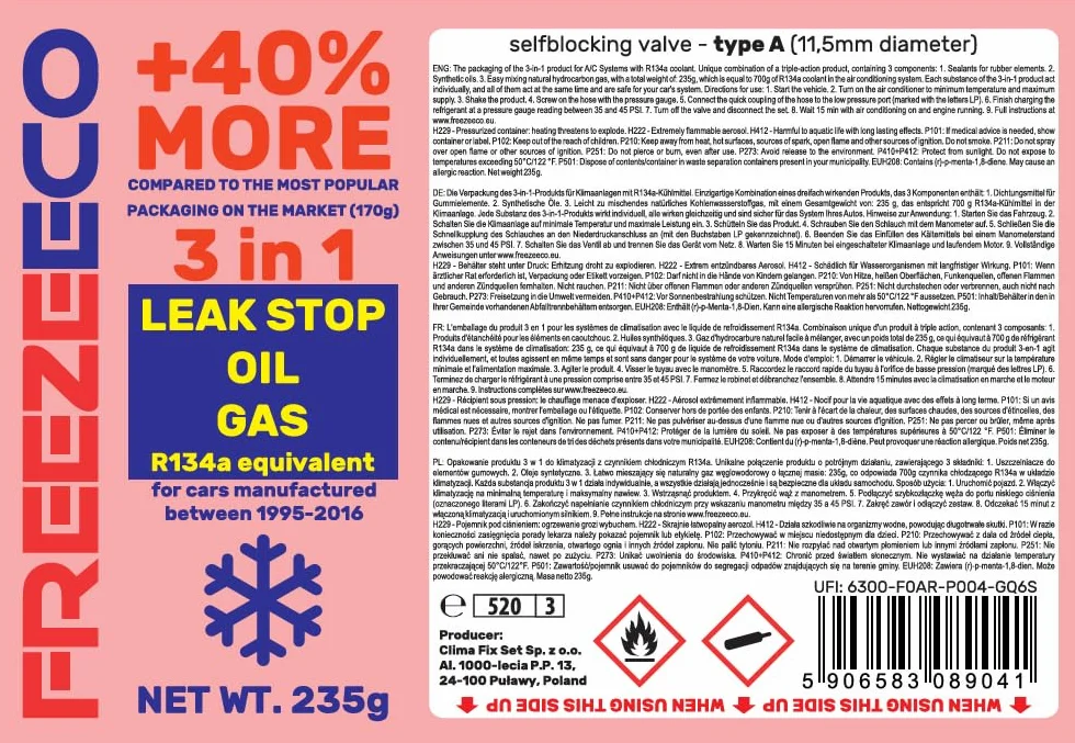 Kit Recarga Aire Acondicionado Coche - Gas Refrigerante R134a Sustituto 3 en 1 con Tapa Fugas y Aceite 235g - Incluye Manguera con manómetro de Baja Presión - Vehículos 1995-2016