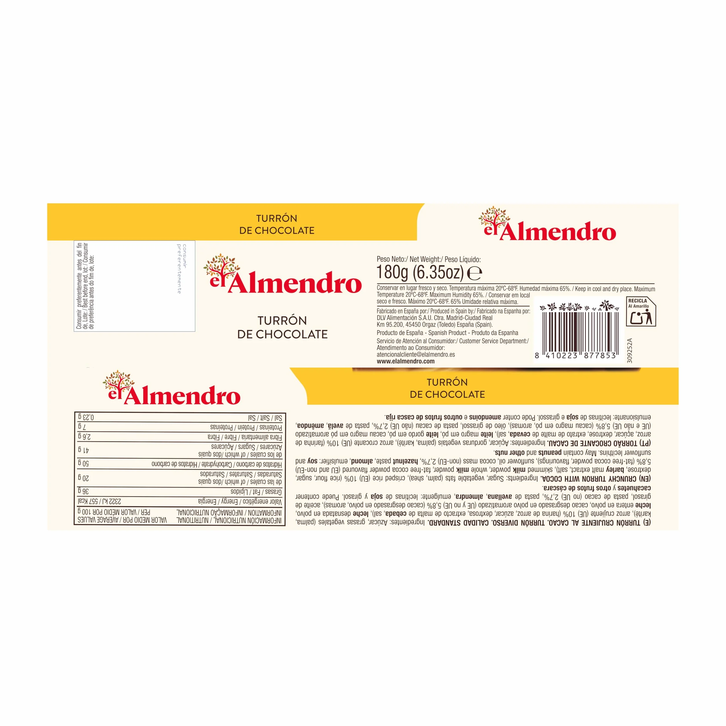 El Almendro Turrón con Chocolate Crujiente con Arroz Inflado y Almendras, 180g