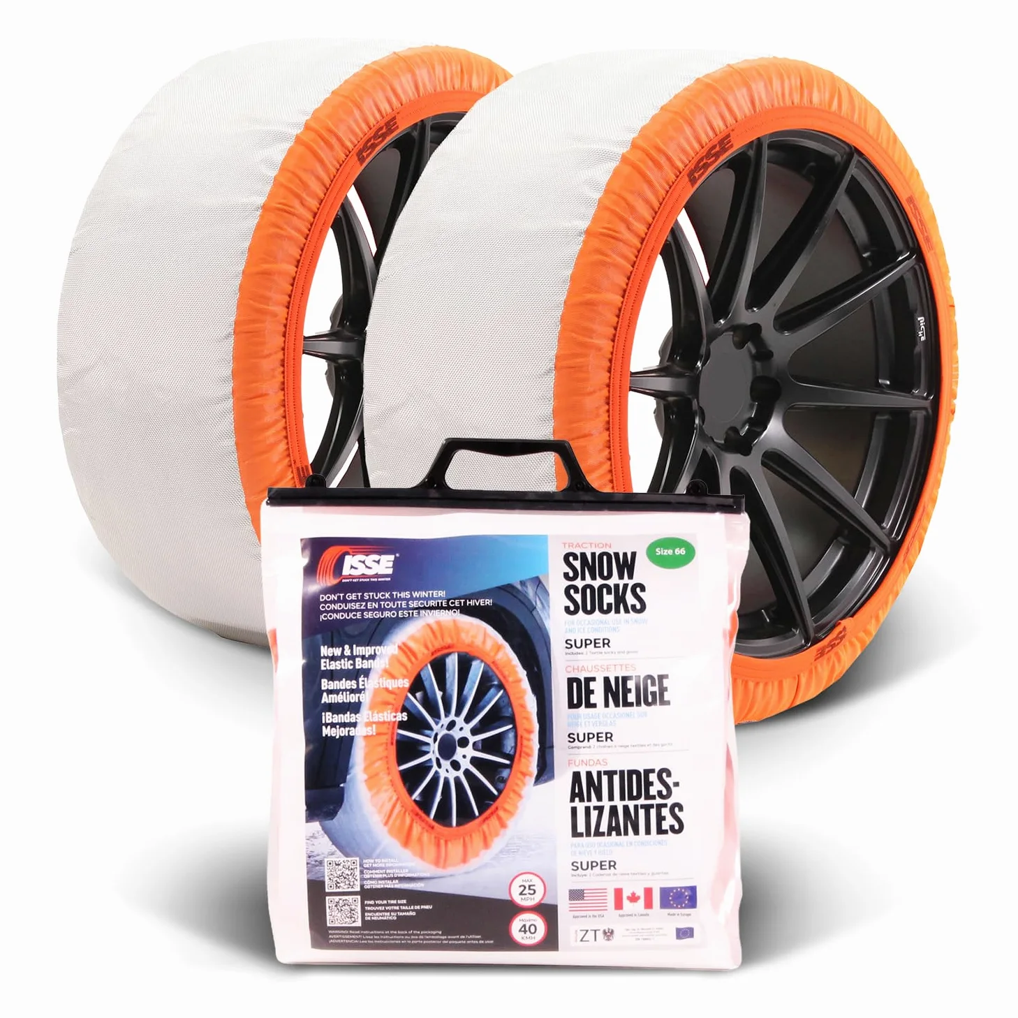 ISSE - Cadenas De Nieve PREMIUM Para Coche Super T-70 Homologación EN 16662-1 - Uso Diario en Nieve y Hielo - Kit de 2 Fundas textiles para Nieve Universales + Guantes