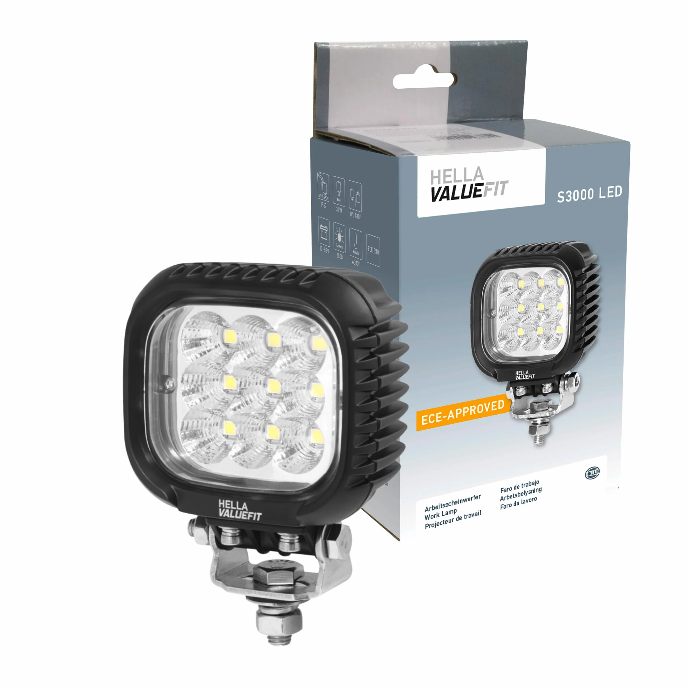 HELLA VALUEFIT 1GA 357 109-012 LED Faro de trabajo S3000 12/24/48V 3000lm Montaje exterior Abrazadera giratoria Largo alcance Cable 800mm
