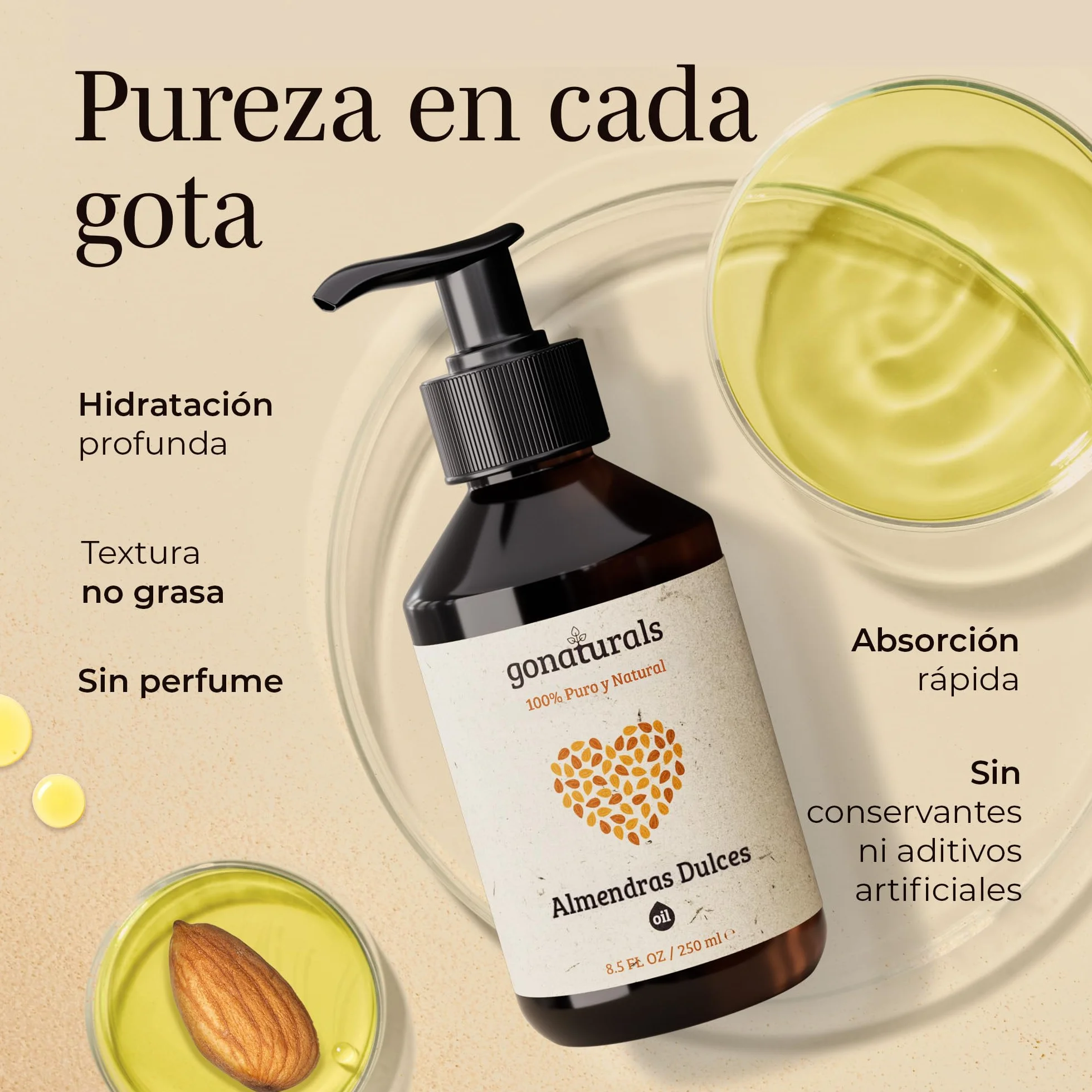 GoNaturals Aceite de Almendras Dulces 250ml 100% Puro Natural Prensado en Frío Corporal Hidratante
