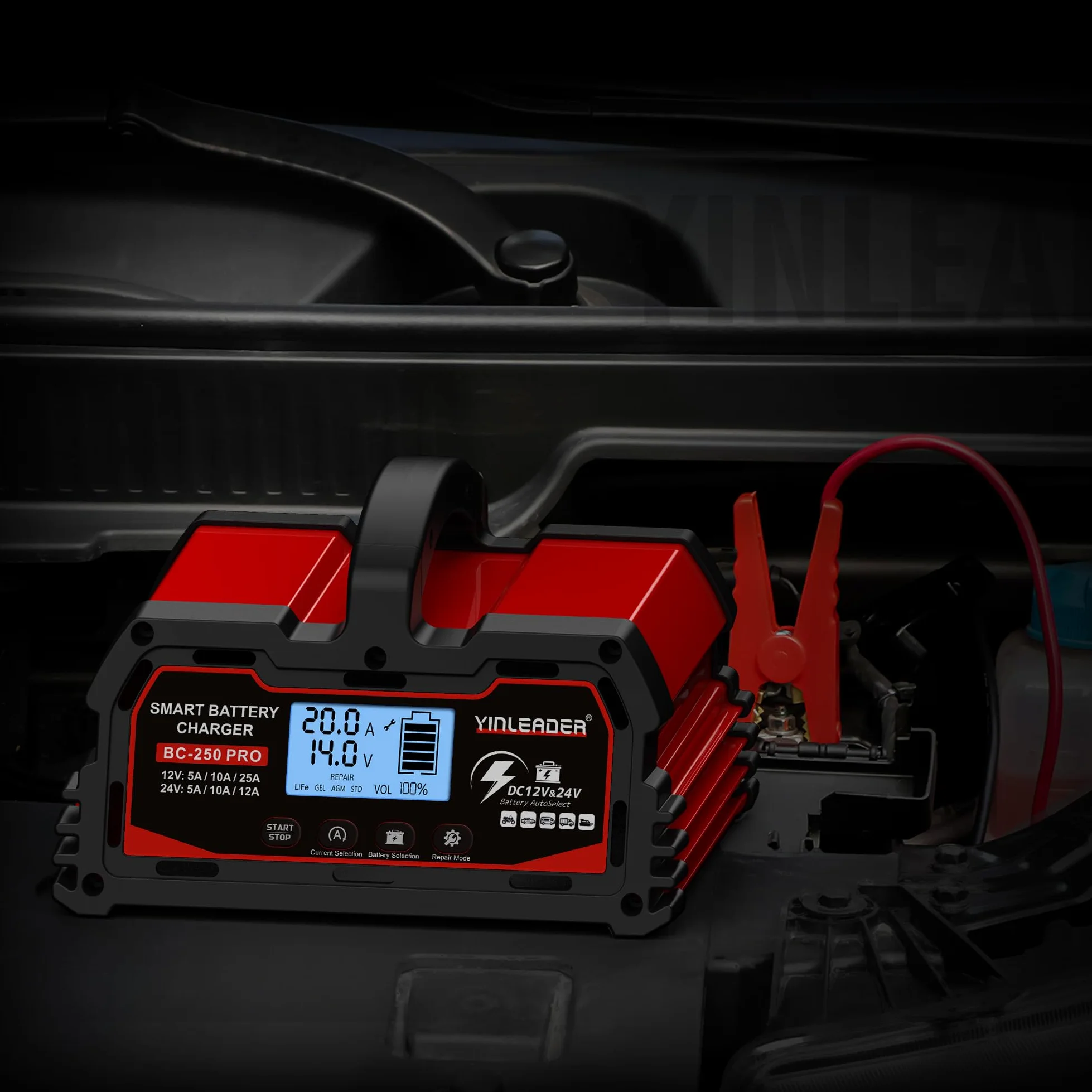 Yinleader Cargador de batería para automóvil 25A 12V/24V 12A/10A/5A Cargador de batería para automóvil Cargador Inteligente con Pantalla LCD, para batería de 12V LiFePO4