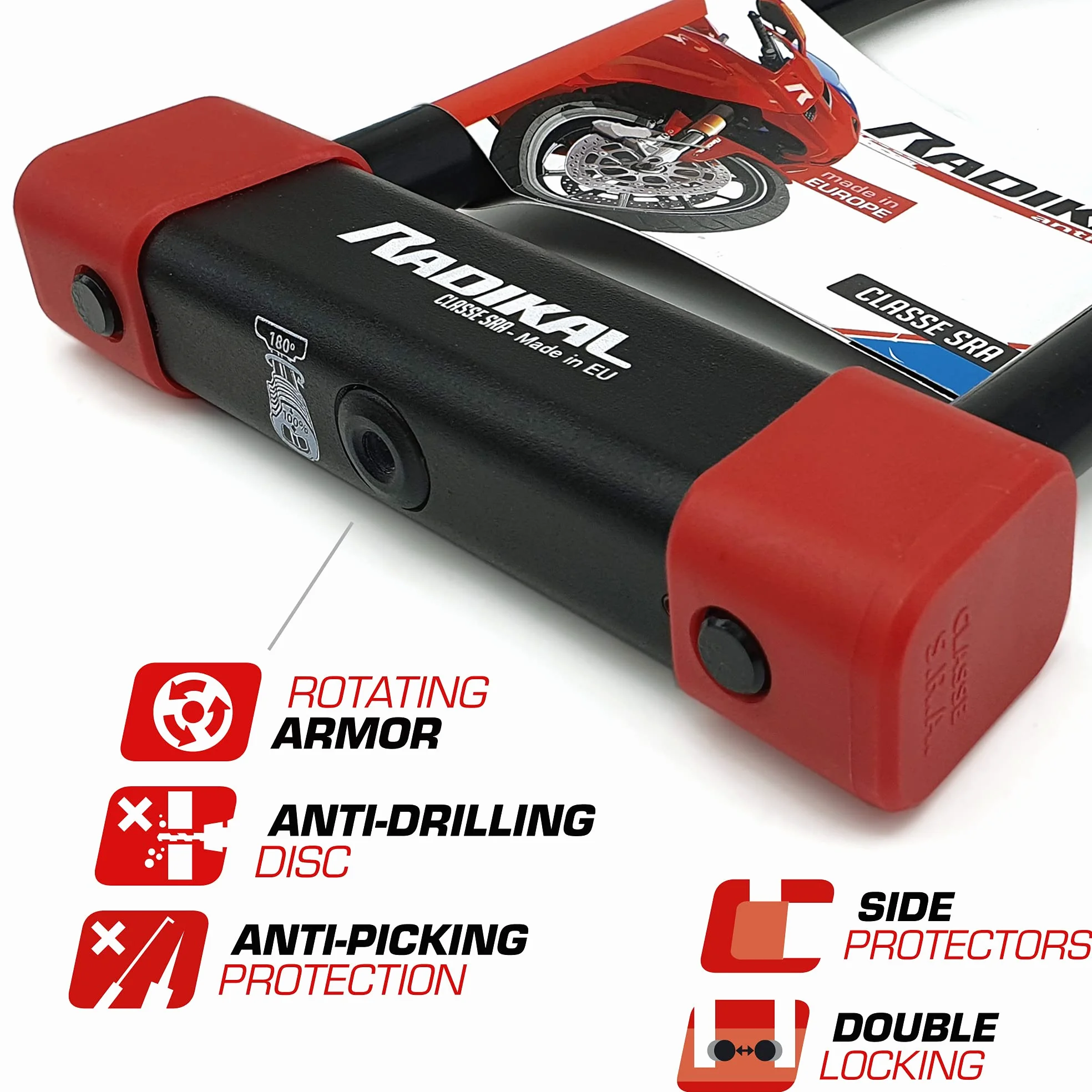 RADIKAL RK120R+RK10120L Candado Moto U Homologado SRA + Cadena Acero Cementado 120cm Más Largo con Sistema Lazo, Horquilla Acero Endurecido ø18mm, Máxima Seguridad Antirrobo Universal para Motocicleta