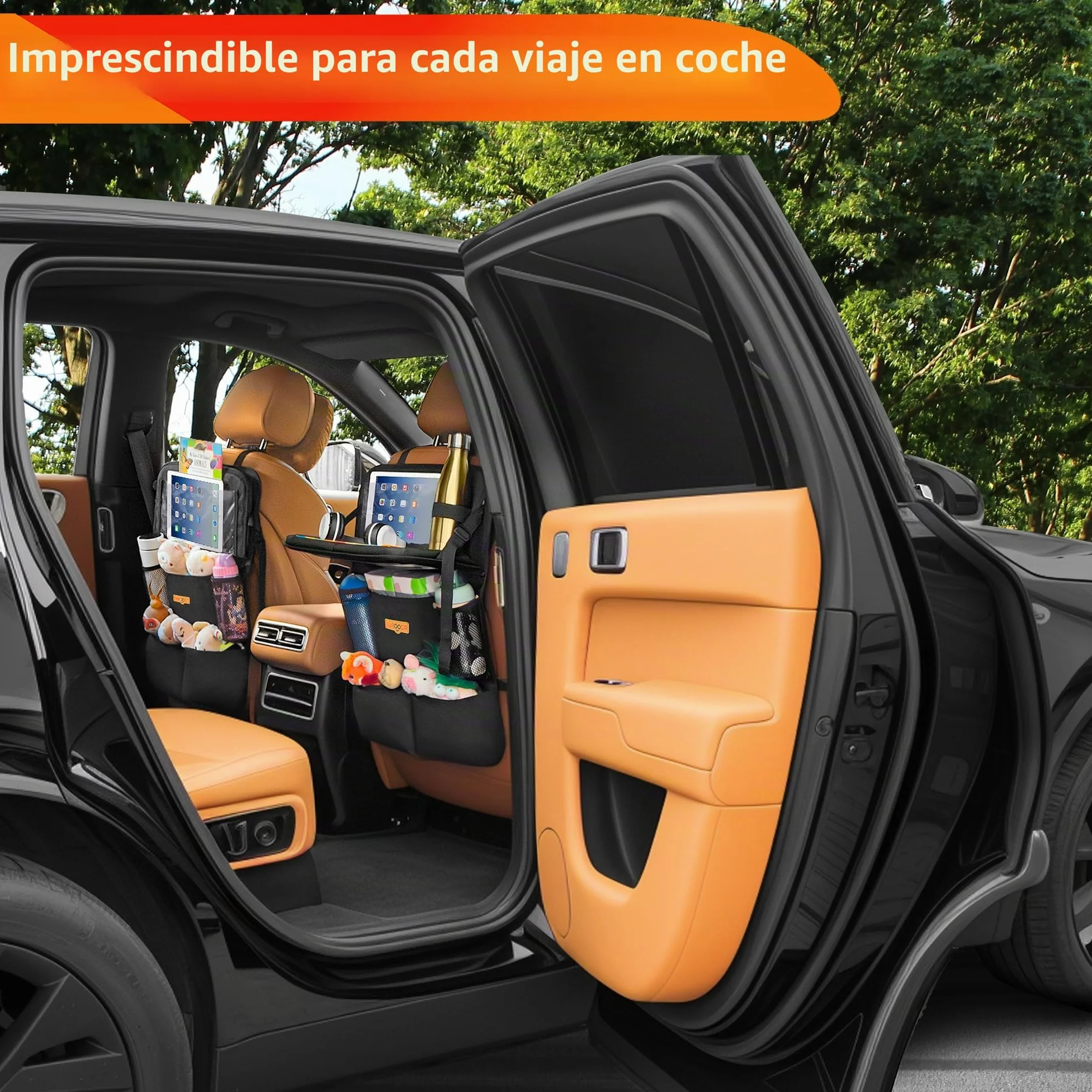 SURDOCA Organizador de asiento trasero de coche con bandeja plegable para niños y adultos – Nuevo modelo de almacenamiento de asiento con bolsillo táctil para tablet, artículos esenciales para viajes
