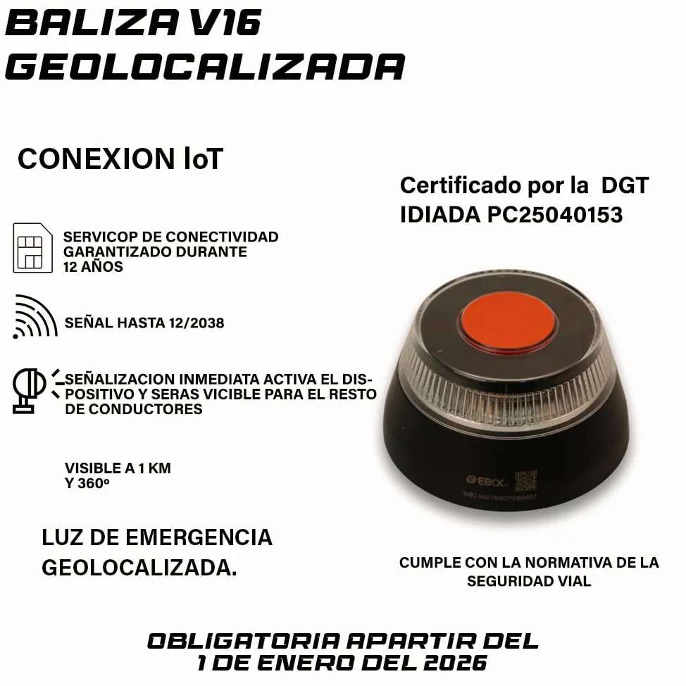 M MODAUTO Luz Emergencia V16 Homologada por la DGT con Geolocalización, Baliza V16 Conectada DGT 3.0, V16 Homologada DGT. Datos Incluidos señal hasta 12/2038 (NEGRO, 1-Unidad)