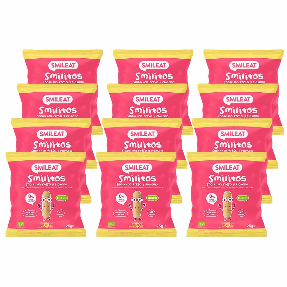 Smileat Bolsas de Snacks Ecológicos de Maíz Fresa y Plátano Pack 12 x 25g