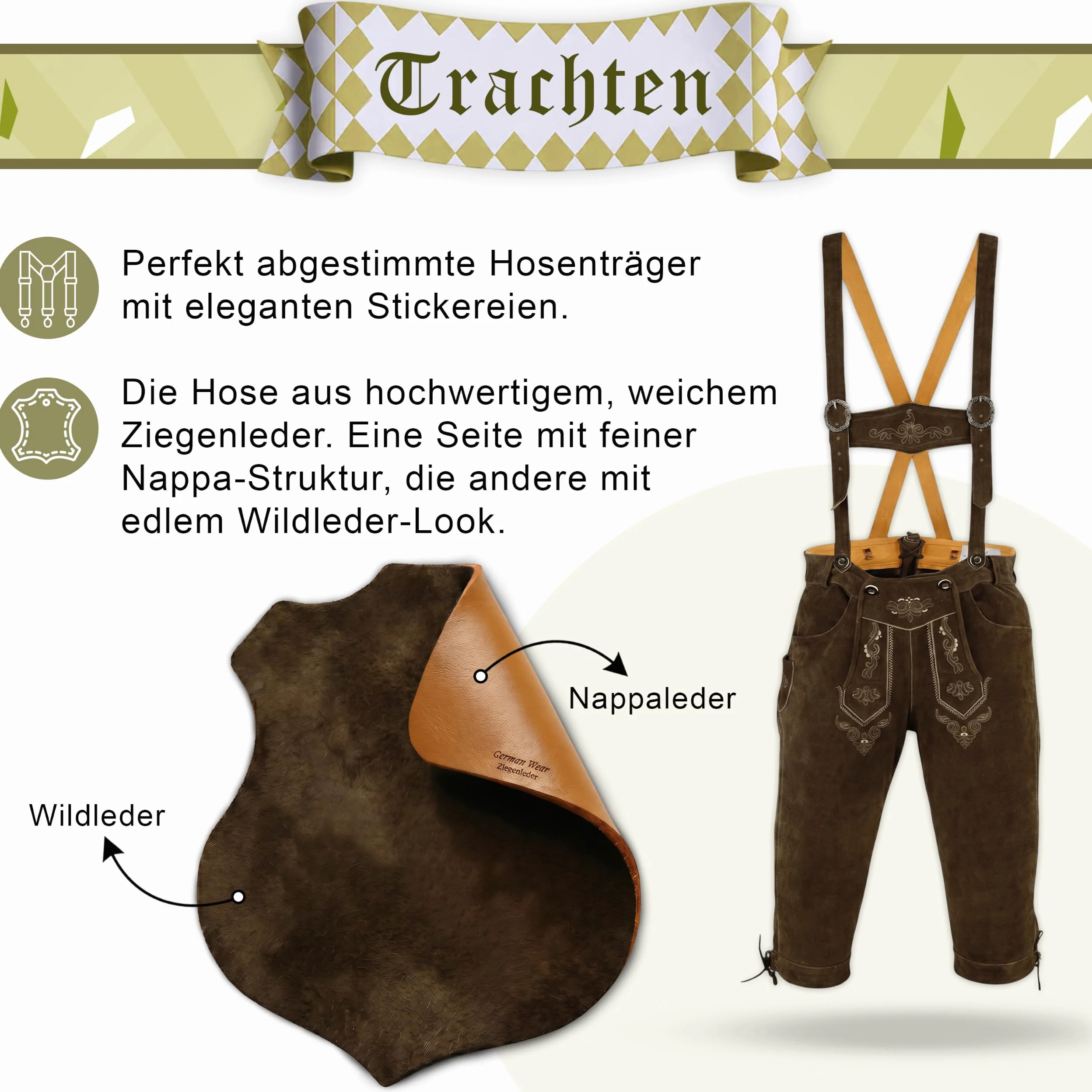 Trend-Promotion Austria Piel Pantalones Pantalones trachtenhose Rodillera con Tirantes marrón marrón Oscuro W54