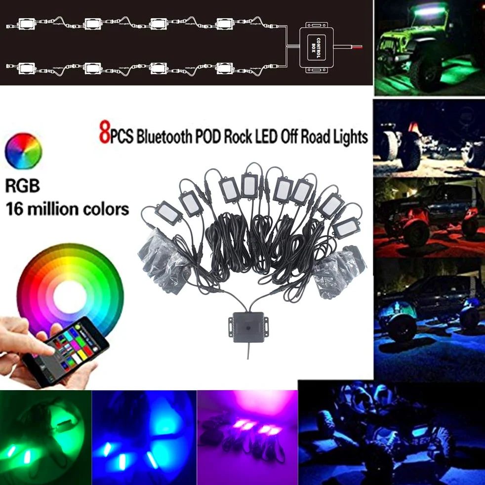 SXMA 8 Pods RGB Led Rock Luces Lampara Coche Camión Automóvil Impermeable Rock Luz Multicolor con Bluetooth Caja de Control para Offroad Barco Camión