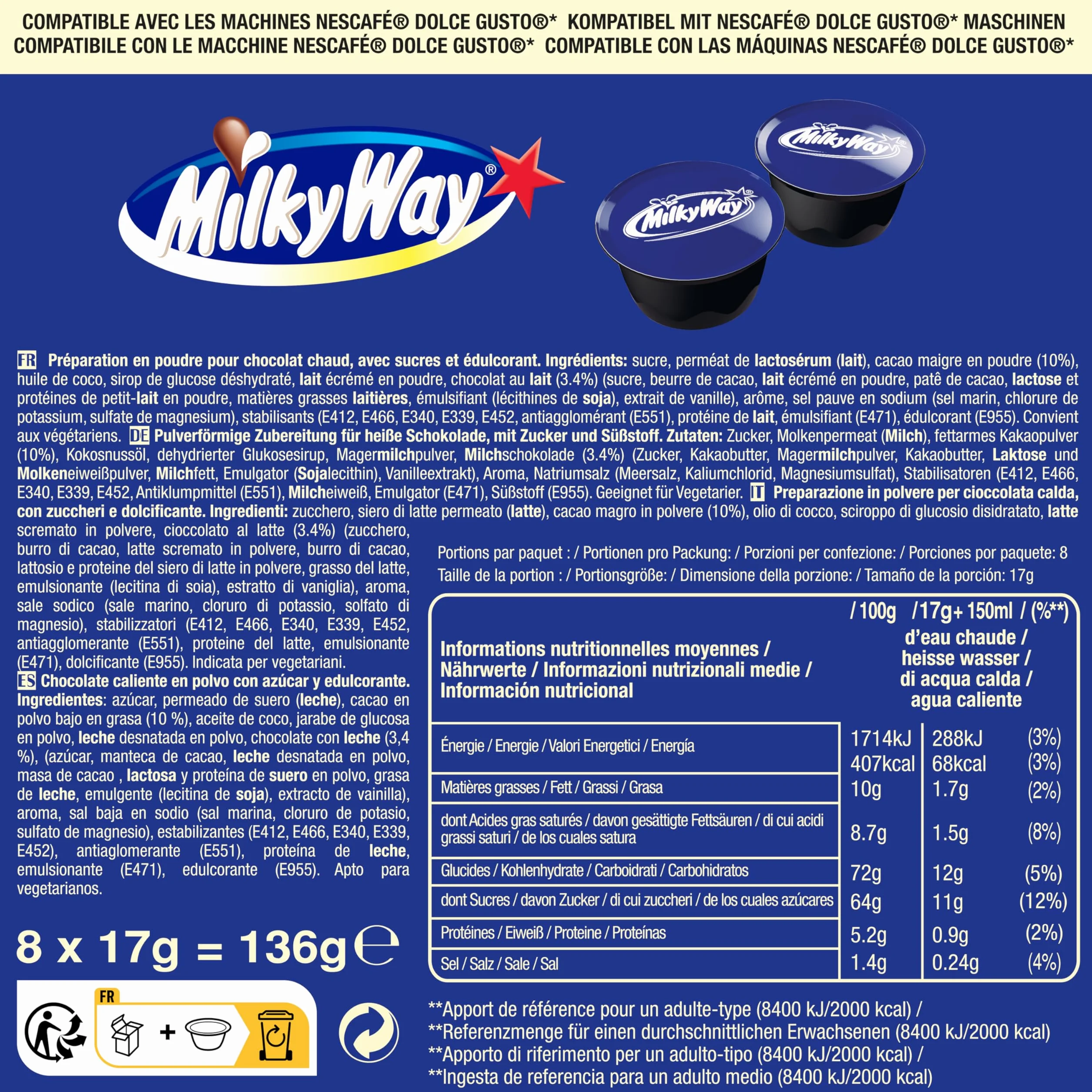 Cápsulas de Chocolate Caliente Compatibles Dolce Gusto Mars Twix Milkyway 24 Unidades