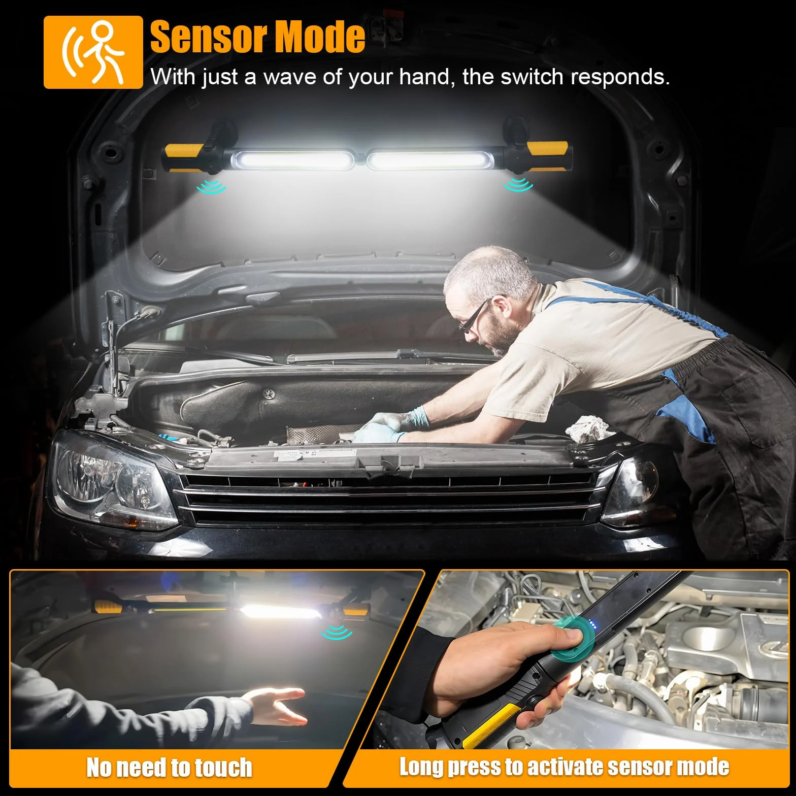 SYLSTAR Linterna Taller con Control por Sensor, 2400LM Linterna Mecanico Recargable con 3 Niveles de Brillo, 4400mAh Batería, Gancho y Base Magnética para Taller Reparación de Autos Emergencia