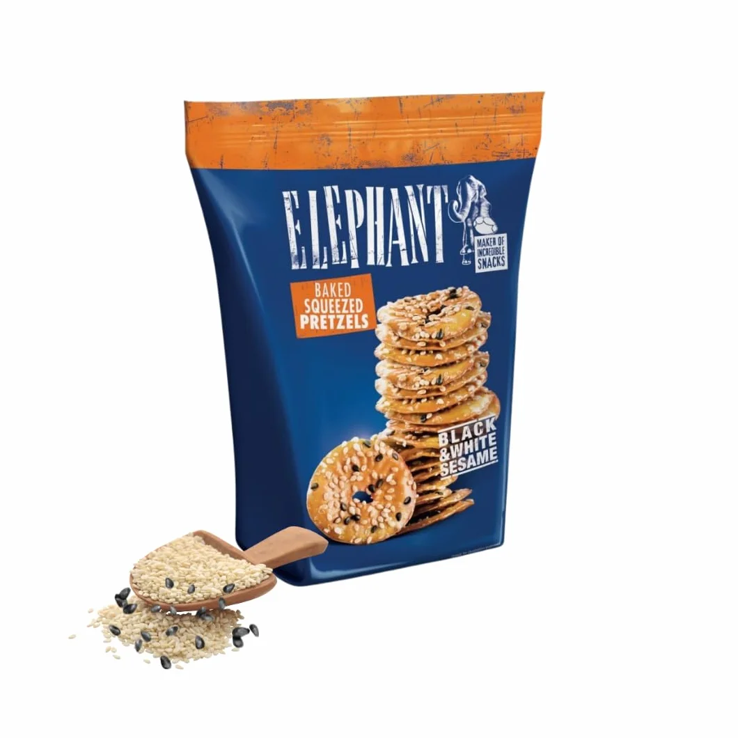 Pretzels Elephant Baked Squeezed Pretzels con sésamo blanco y negro, 3 x 180 g, crujientes aperitivo