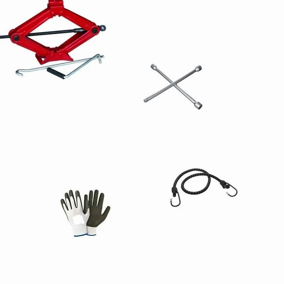 Compatible con Opel, Kit de Emergencia para Coche con CRIC de pantógrafo, con Base de Acero y Llave giratoria + Llave de Cruz para desenroscar Pernos de Rueda para elevar neumáticos universales
