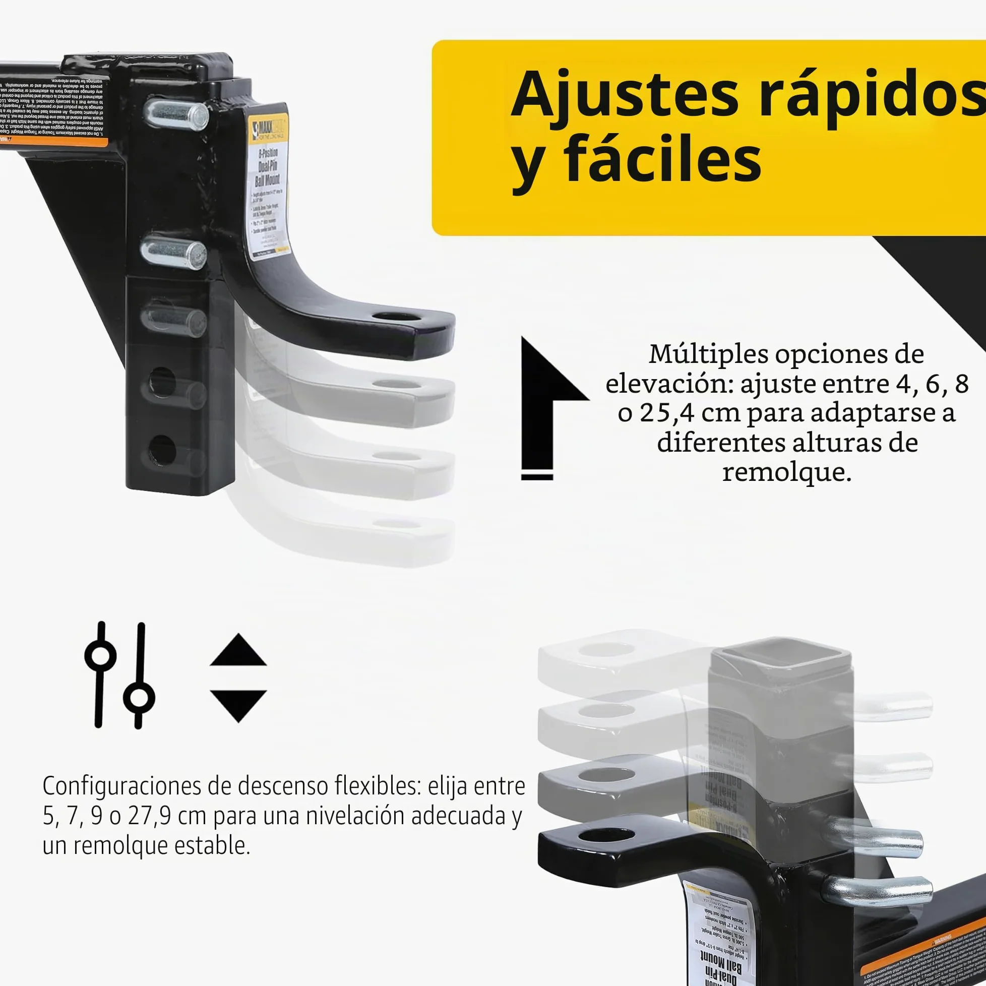 MAXXHAUL 70067 - Enganche de Remolque - Enganche de Remolque Ajustable de 8 Posiciones - 5000 Libras de Capacidad GTW, Color Negro
