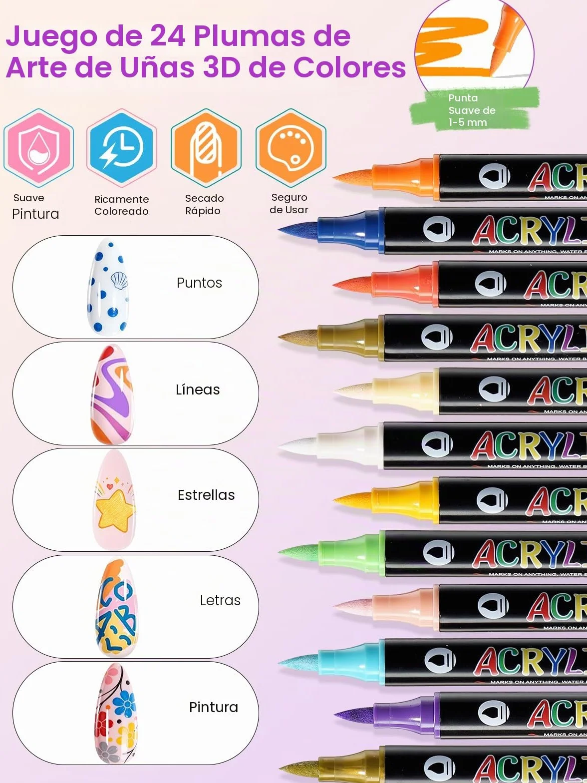 Bolígrafos de Arte de Uñas 3D Set de 12 Rotuladores de Pintura y Grafiti Herramientas de Manicura DIY