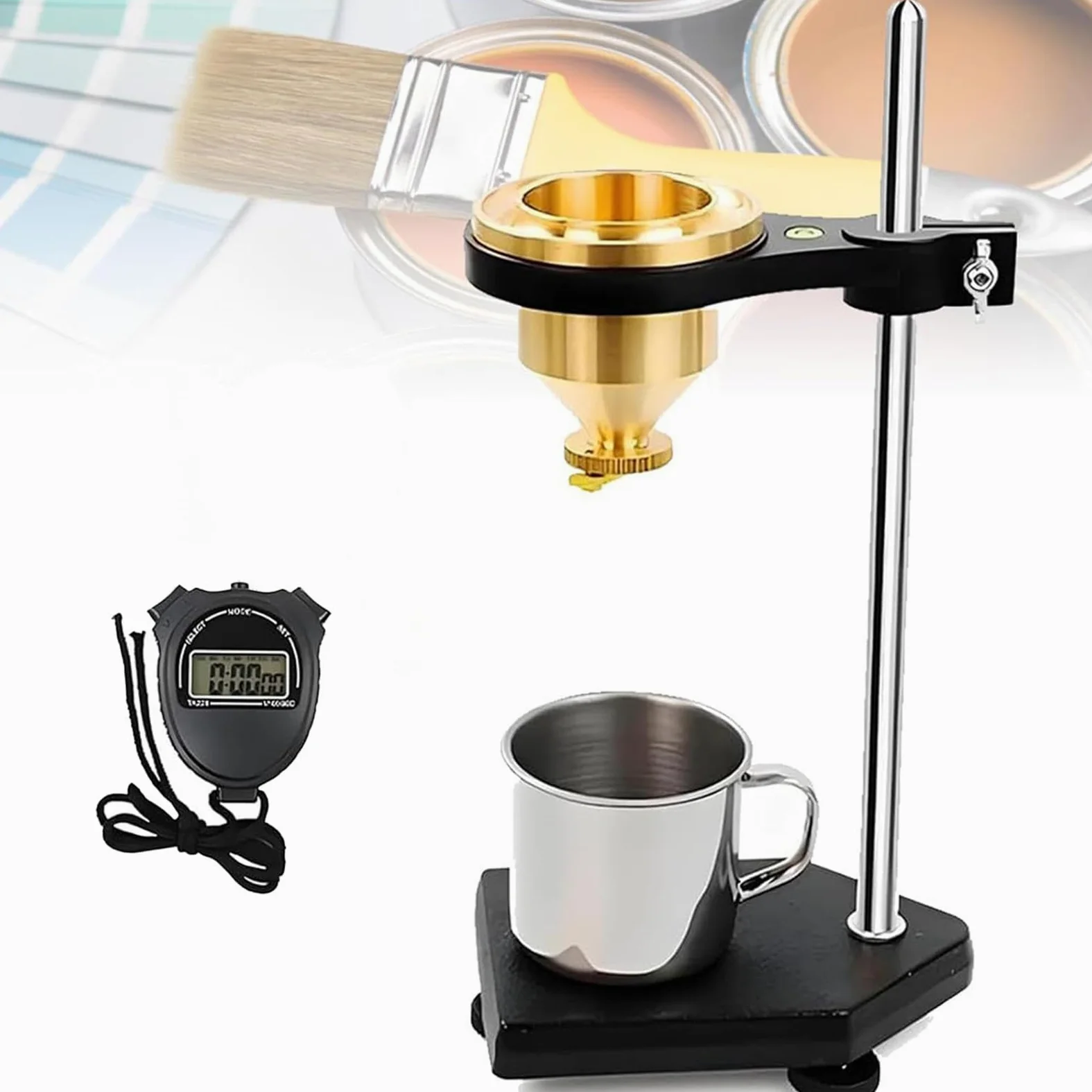 Probador de viscosidad líquida, viscosímetro de pintura con taza de flujo de latón, taza de flujo de escritorio, boquilla de flujo de 4 mm, soporte y cronómetro ajustables, copa Ford para