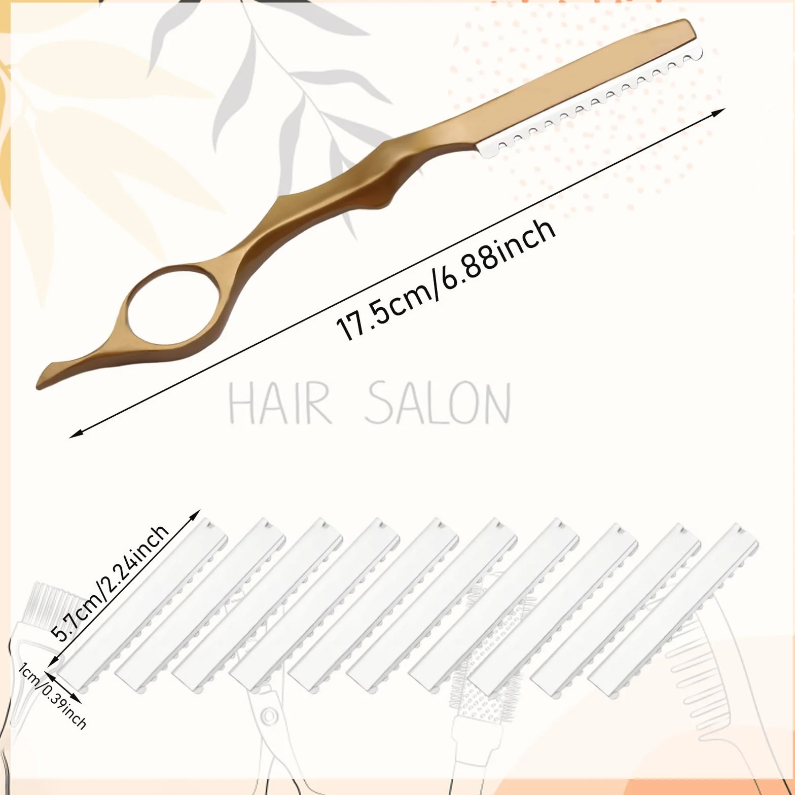 Cuchillo para Adelgazar el Cabello, Cuchilla de Afeitar de Peinado, Maquinillas de Afeitar Texturizadoras de Corte Manual de Cabello con 10 Navajas de Repuesto (Oro)