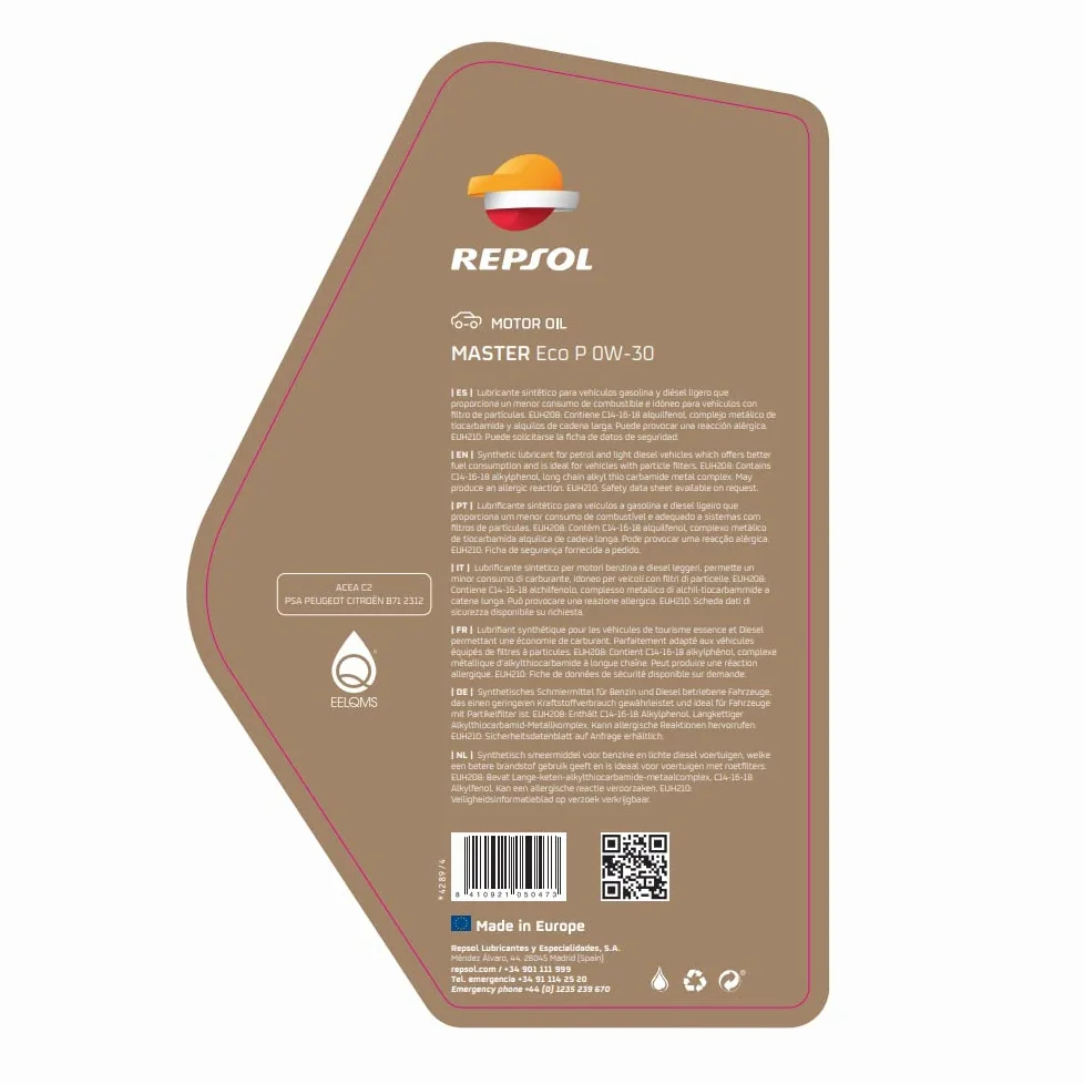 REPSOL lubricante sintético para coche MASTER ECO P 0W-30 5L