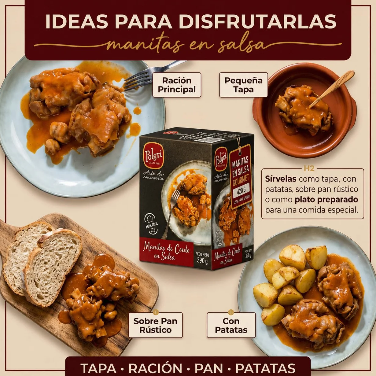 POLGRI Manitas de Cerdo en Salsa 420 g x 3 Latas Receta Tradicional La Mancha Colágeno Natural