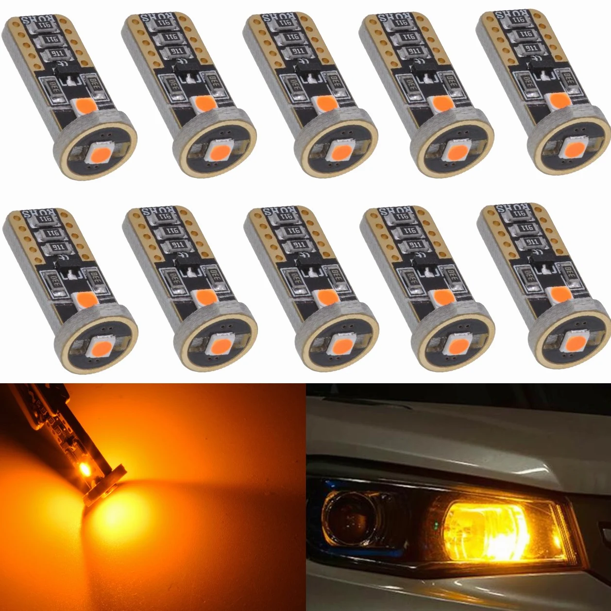 KATUR T10 Canbus - Bombillas LED ámbar para coche, T10, W5W, 3 SMD 5050, superbrillantes, 194, 168, 175, 192, 2825, cuña, LED, fuente de repuesto para luces de coche