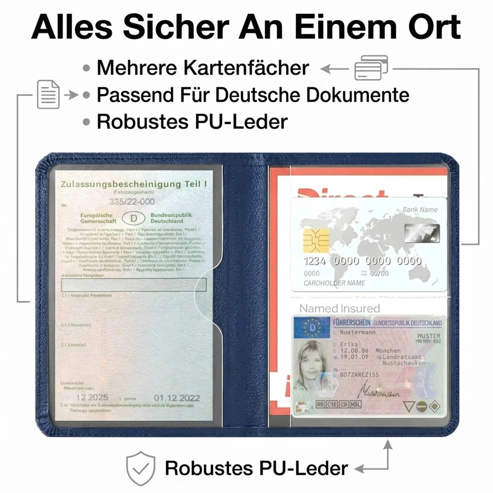 Caweet Soporte para registro de coche y seguro – Organizador de guantera de coche – Portadocumentos de cuero para carné de conducir, carné de identidad y tarjetas, azul-1
