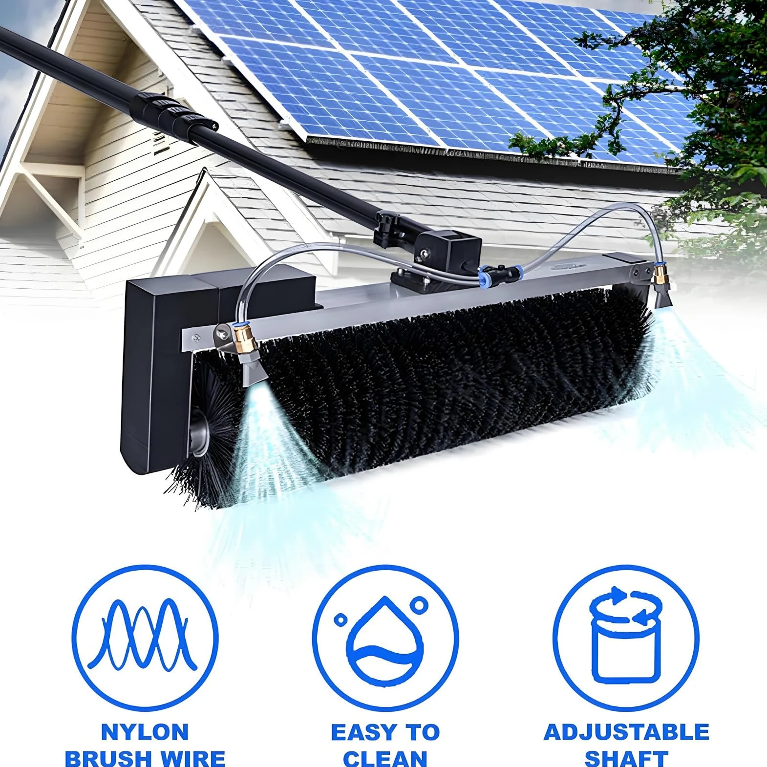 Cepillo de limpieza de paneles solares con poste telescópico de 25 pies, rociador de agua automático, para uso residencial