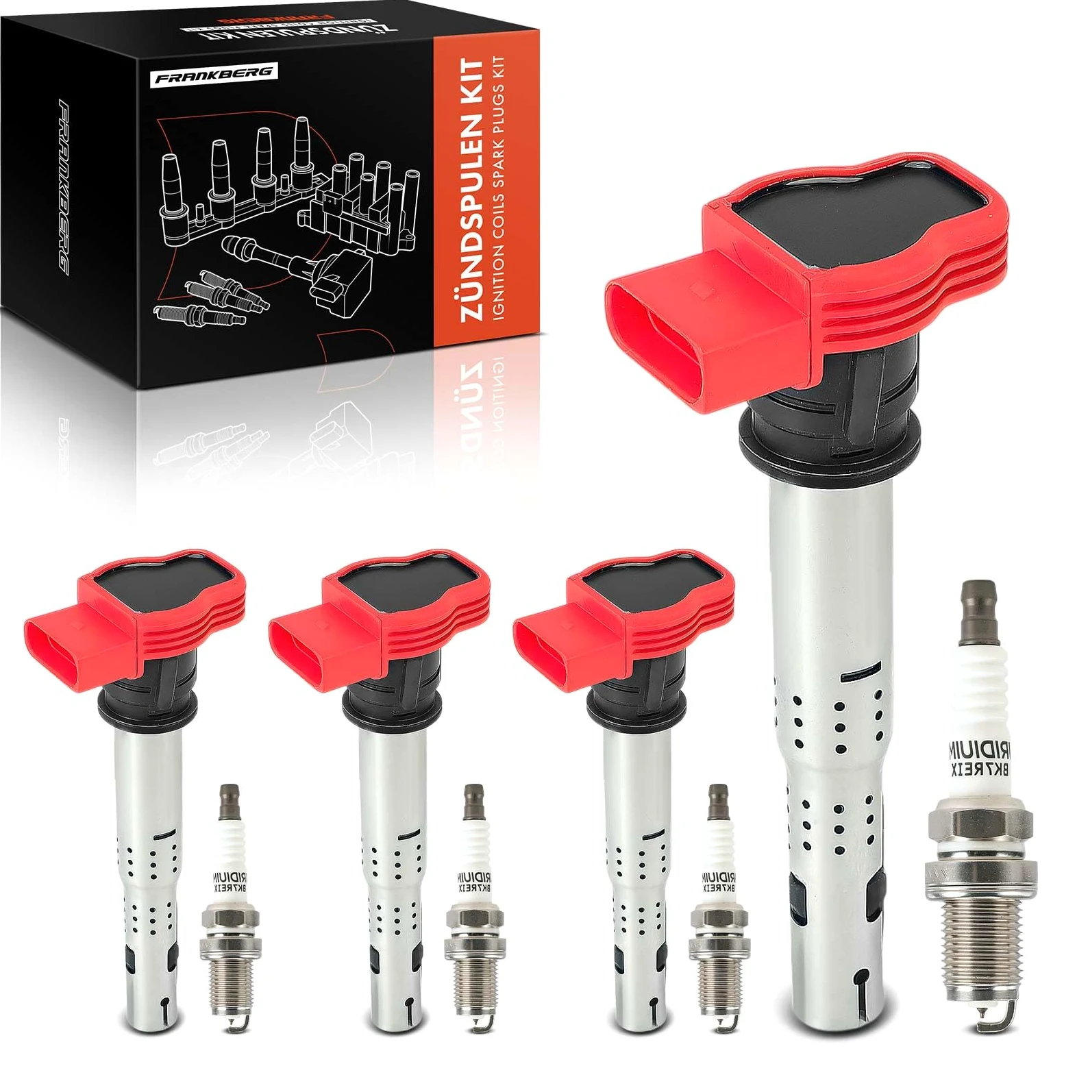 Frankberg Juego de 4 bobinas de encendido y bujías para gasolina | Compatible con: R8 Spyder 427 429, A4 8EC, A8 4E2 4E8, C.a.y.e.n.n.e 92A, A5 Sportback 8TA, A6 Allroad 4GH 4GJ, Q7 4LB