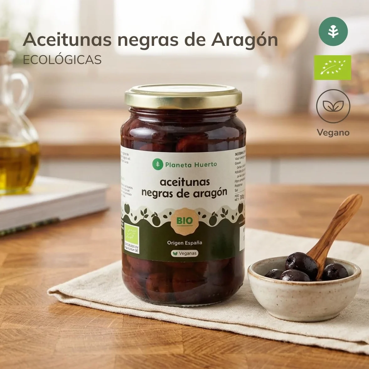 Aceituna Negra de Aragón Ecológica ECO 350g Escurrido - Aceituna Negra Orgánica con Orégano y Sal Marina