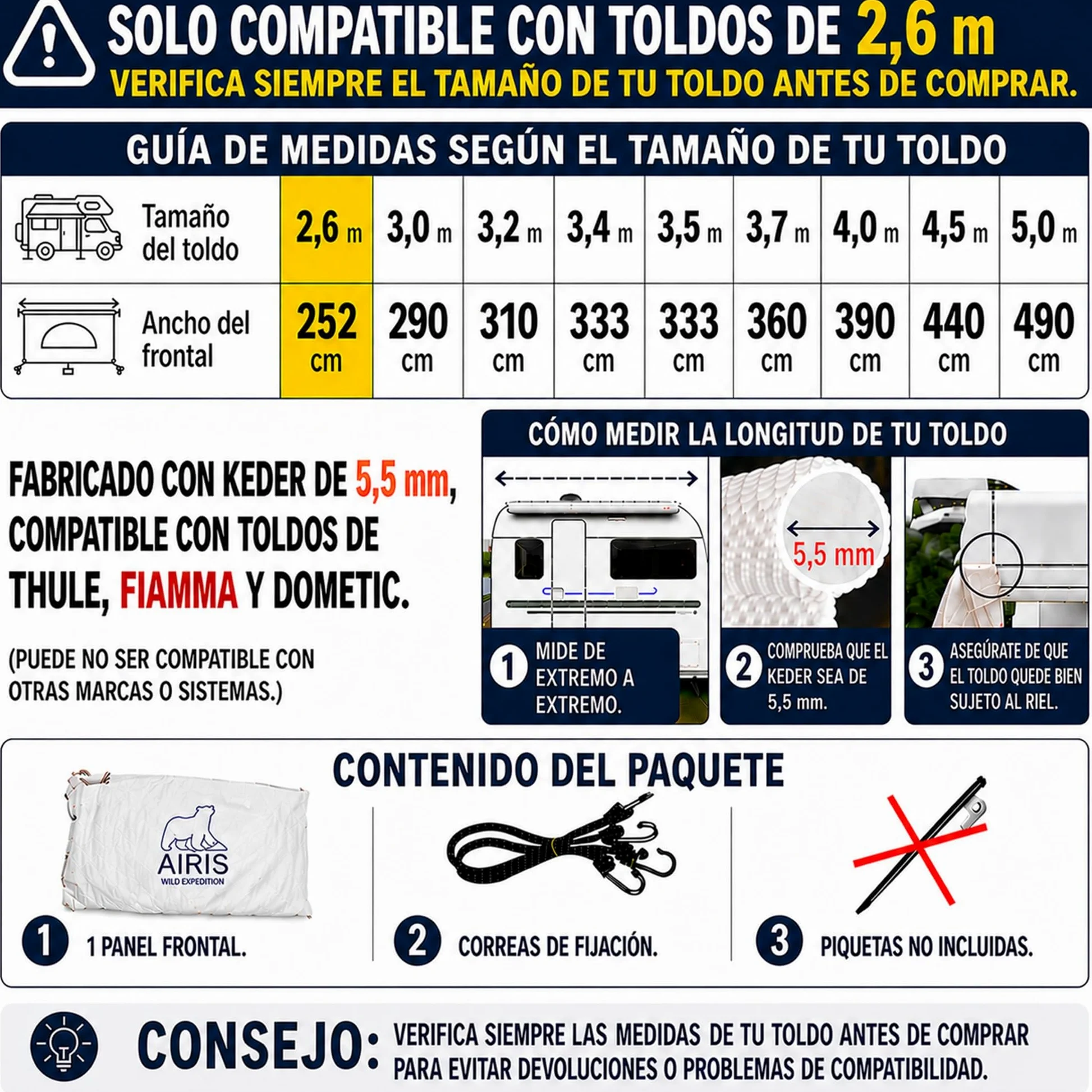 AIRIS - Parasol para autocaravana - Protección eficaz de algodón repelente al agua, fácil de montar, compatible con toldos Thule, Fiamma y Dometic (253 x 185)