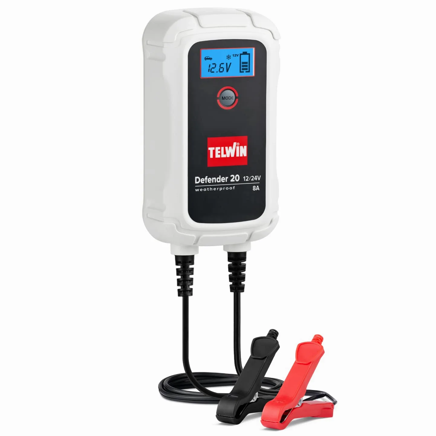 Telwin 807608 Defender 20 Cargador y Mantenedor Electronico para Baterias de 12/24V, Pantalla LCD