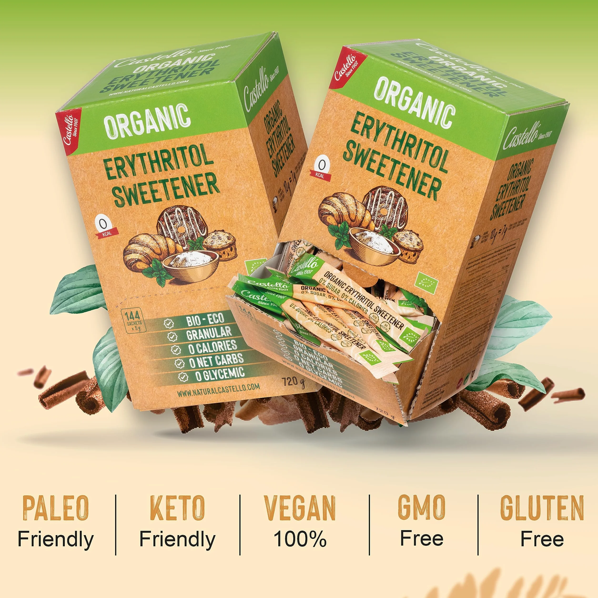 Castello Eritritol Ecológico 144 Sobres 5 g Sustituto del Azúcar Keto Paleo 0 Calorías No OGM 720 g