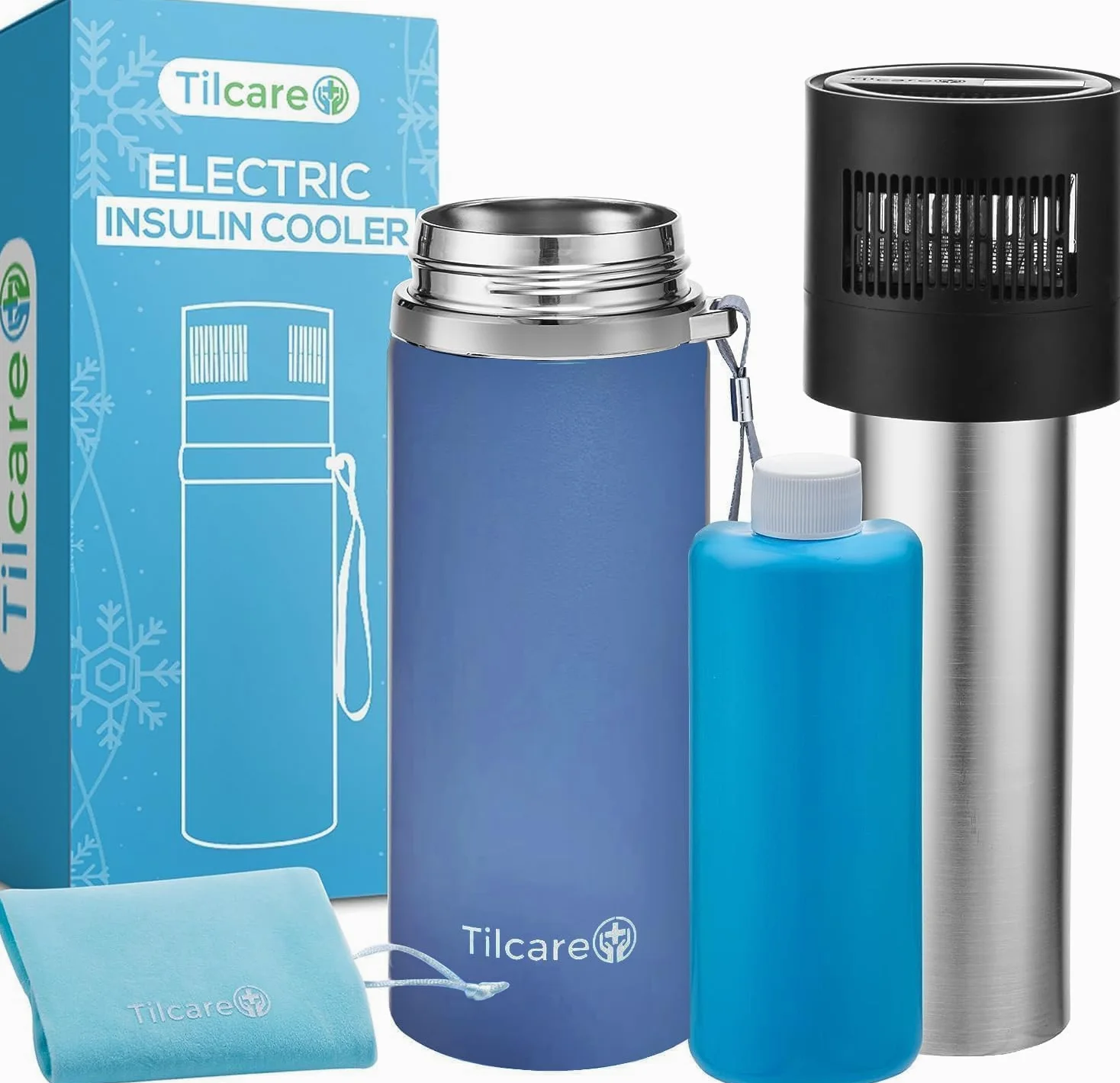 Estuche de Insulin con Enfriador Eléctrico, Cargador USB y Biogel de Tilcare - Horas Ilimitadas, Botella Reutilizable - Estuche de gran Aprobado por la TSA - Para hasta 6 Plumas - Azul