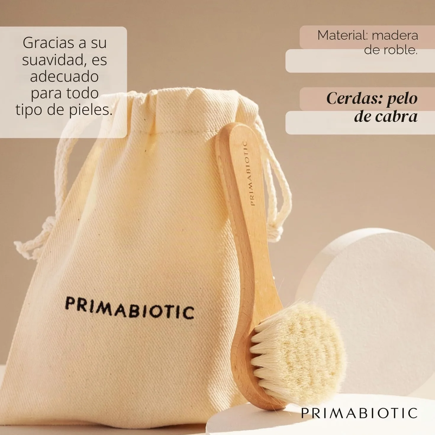 Primabiotic Cepillo de Masaje Facial de Madera de Roble y Pelo de Cabra para Limpieza Seca Natural