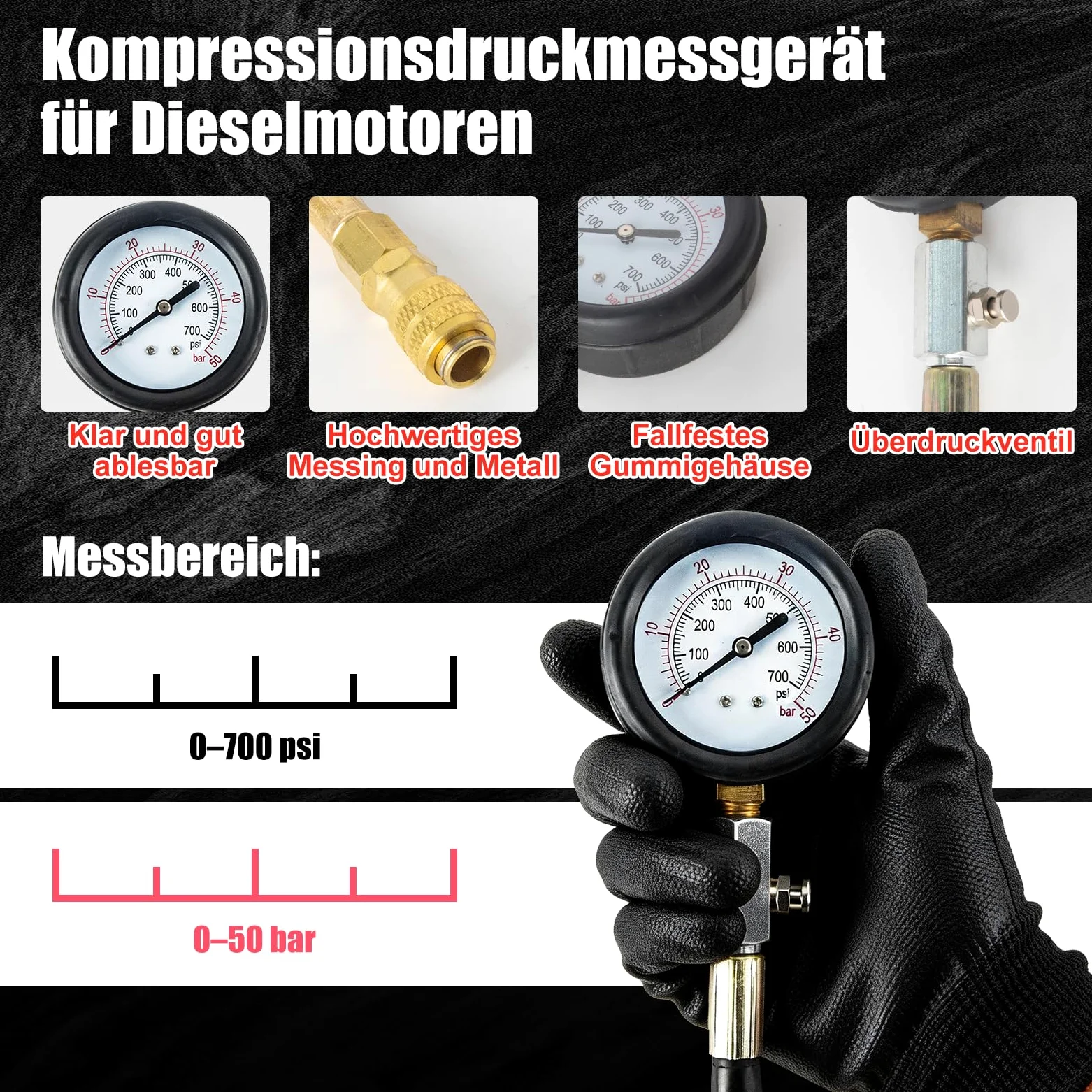 46 piezas profesional Compresión Comprobador de Compresión Compresión Comprobador de Compresión Motor Gasolina Diesel Comprobador de Compresión Cilindro con Dual Gauge Engine para coches, coches