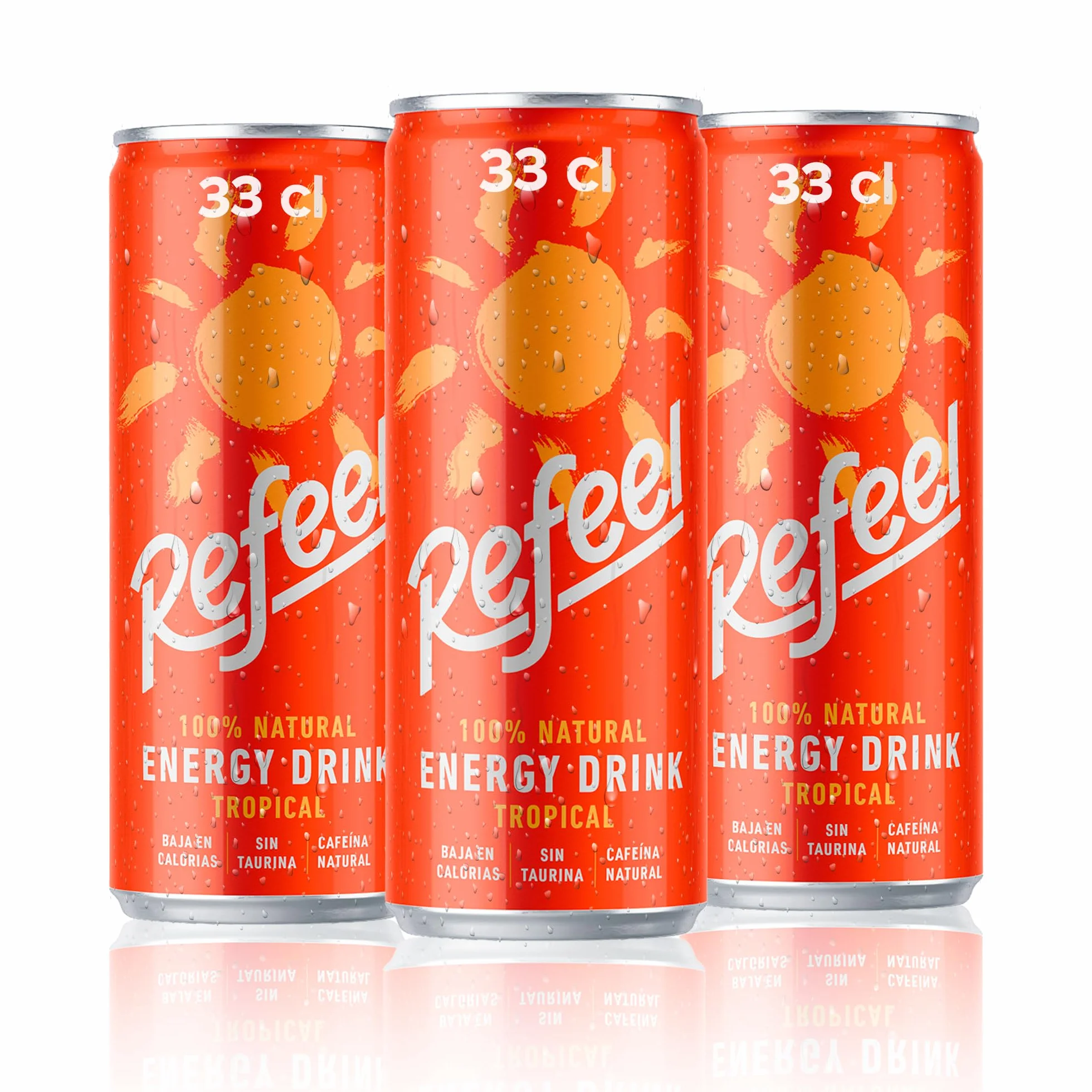 Refeel Bebida Energética Natural con Cafeína Vegetal, Mango y Piña, Baja en Calorías – Pack 24 Latas 33cl