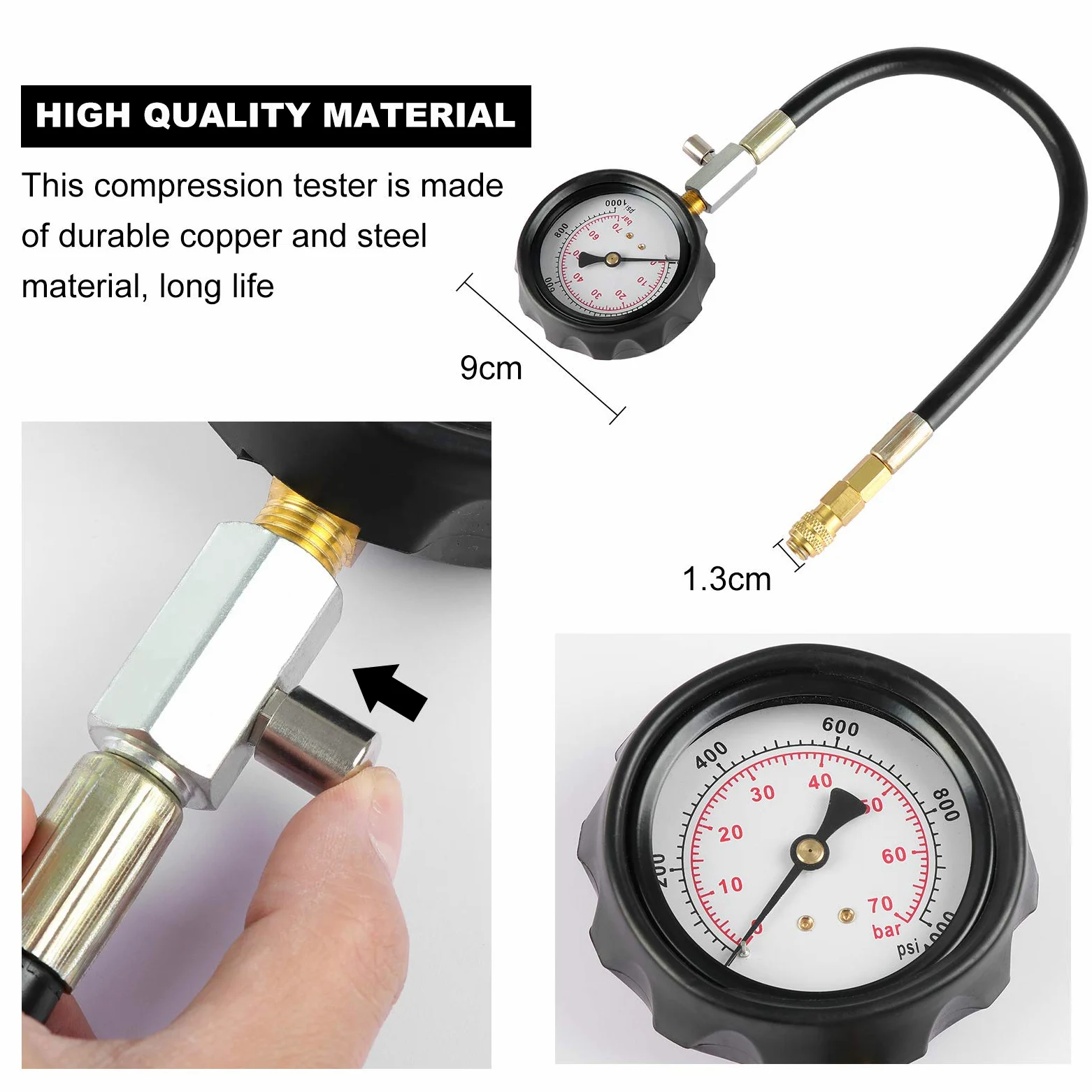 Kit de manómetro de prueba de diagnóstico para comprobador de compresión de motor TDI CDI, medidor de presión de cilindro de motor de 0 a 1000 PSI, para motores diésel de automóviles y tractores.