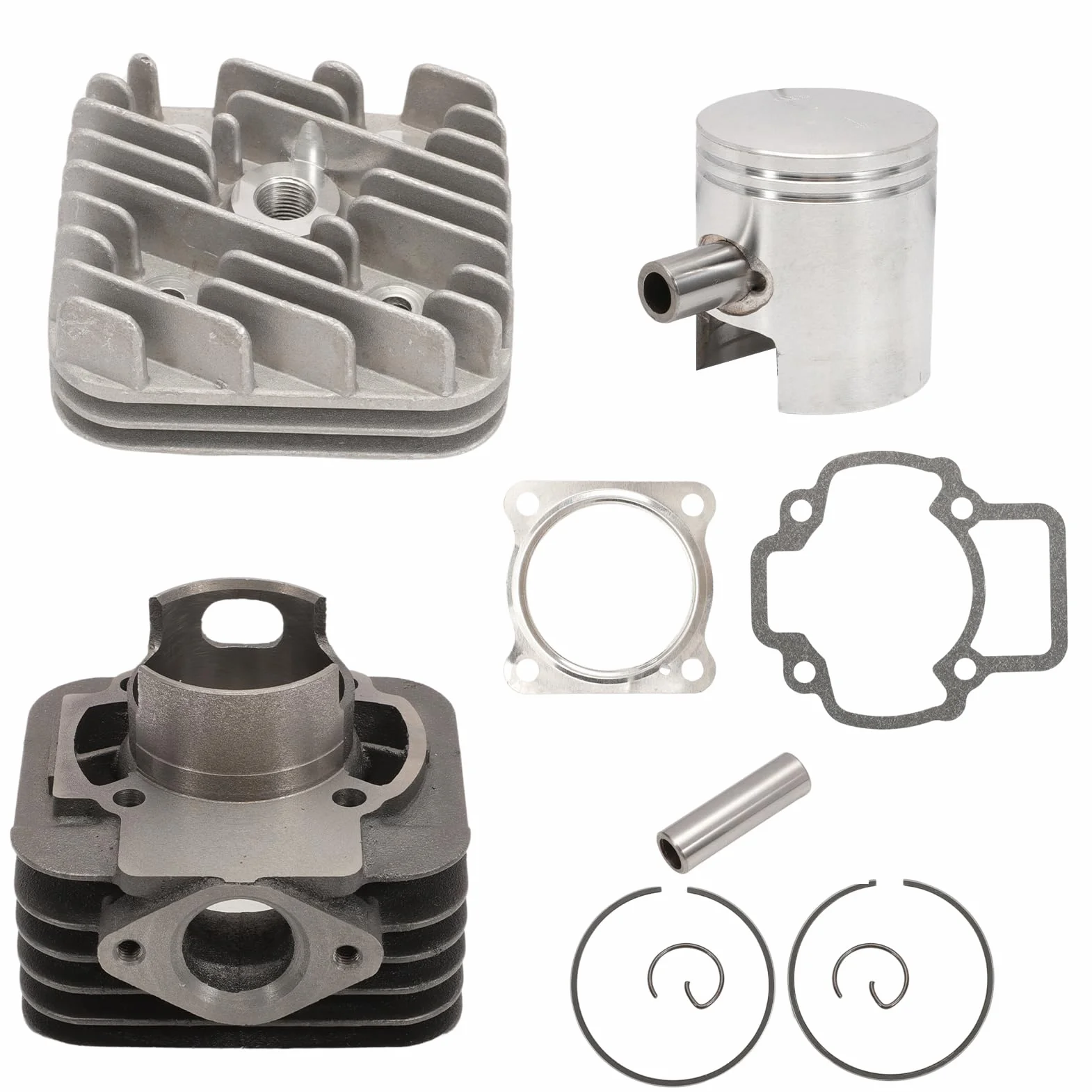 KT00086 - Grupo térmico cilindro Evolution 70 cc D.48 Piaggio AC Aria SP.12 hierro fundido refrigerado por aire para motores Piaggio Gilera, 6 trasvases con escape elíptico y cabeza de una